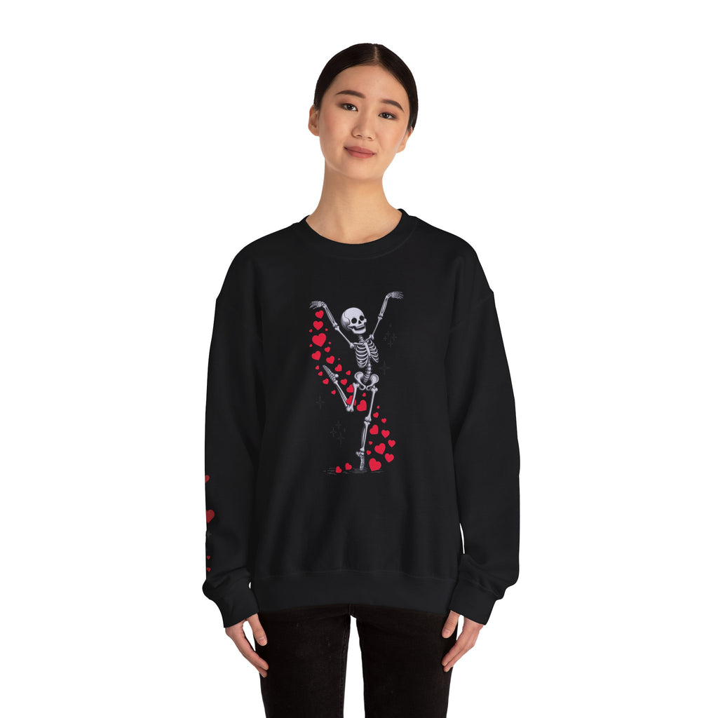Skeleton Ballet Crewneck Sweatshirt — Dancing Skeleton with Hearts Sleeve