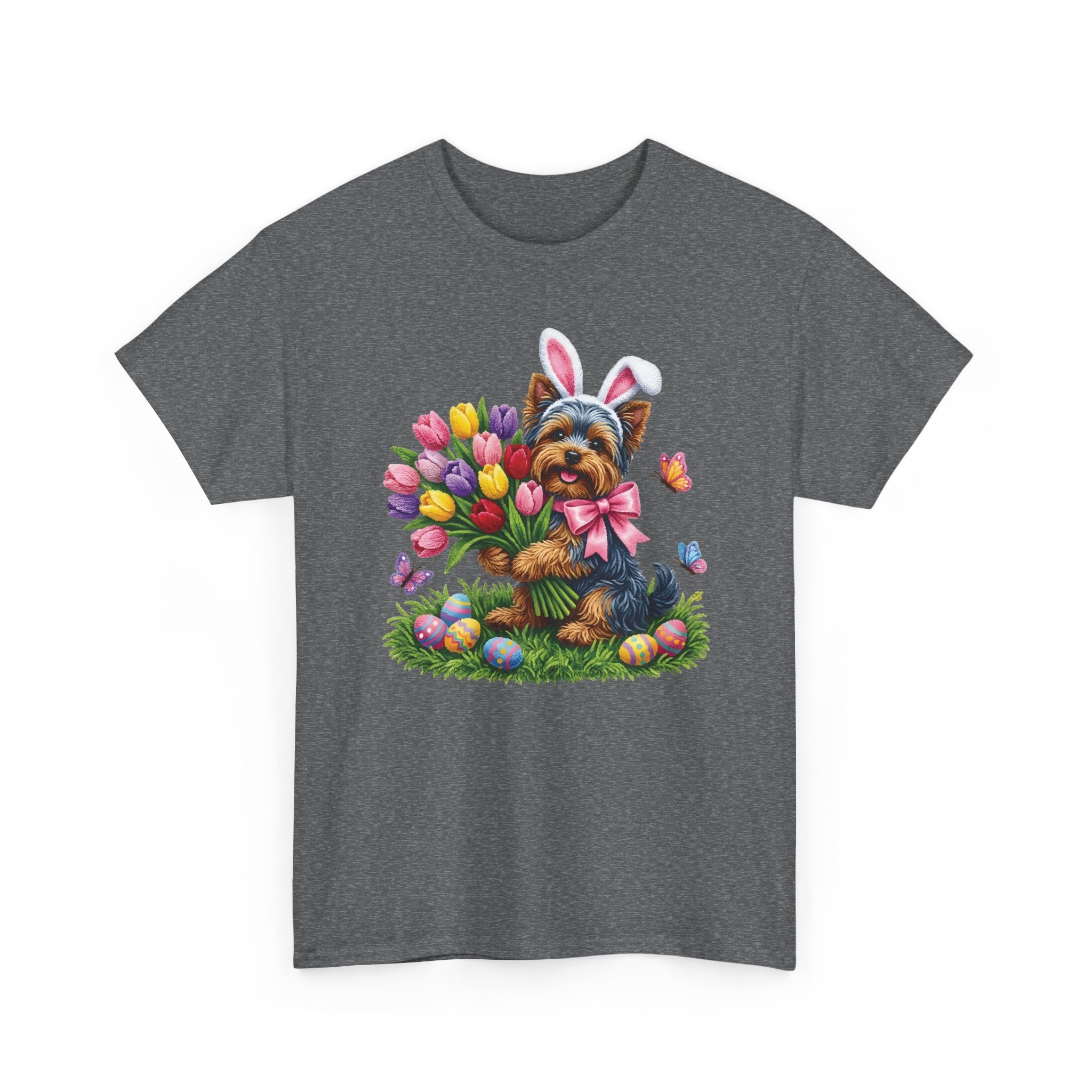 Easter Yorkie Tee — Cute Puppy with Tulips & Bunny Ears Graphic Shirt