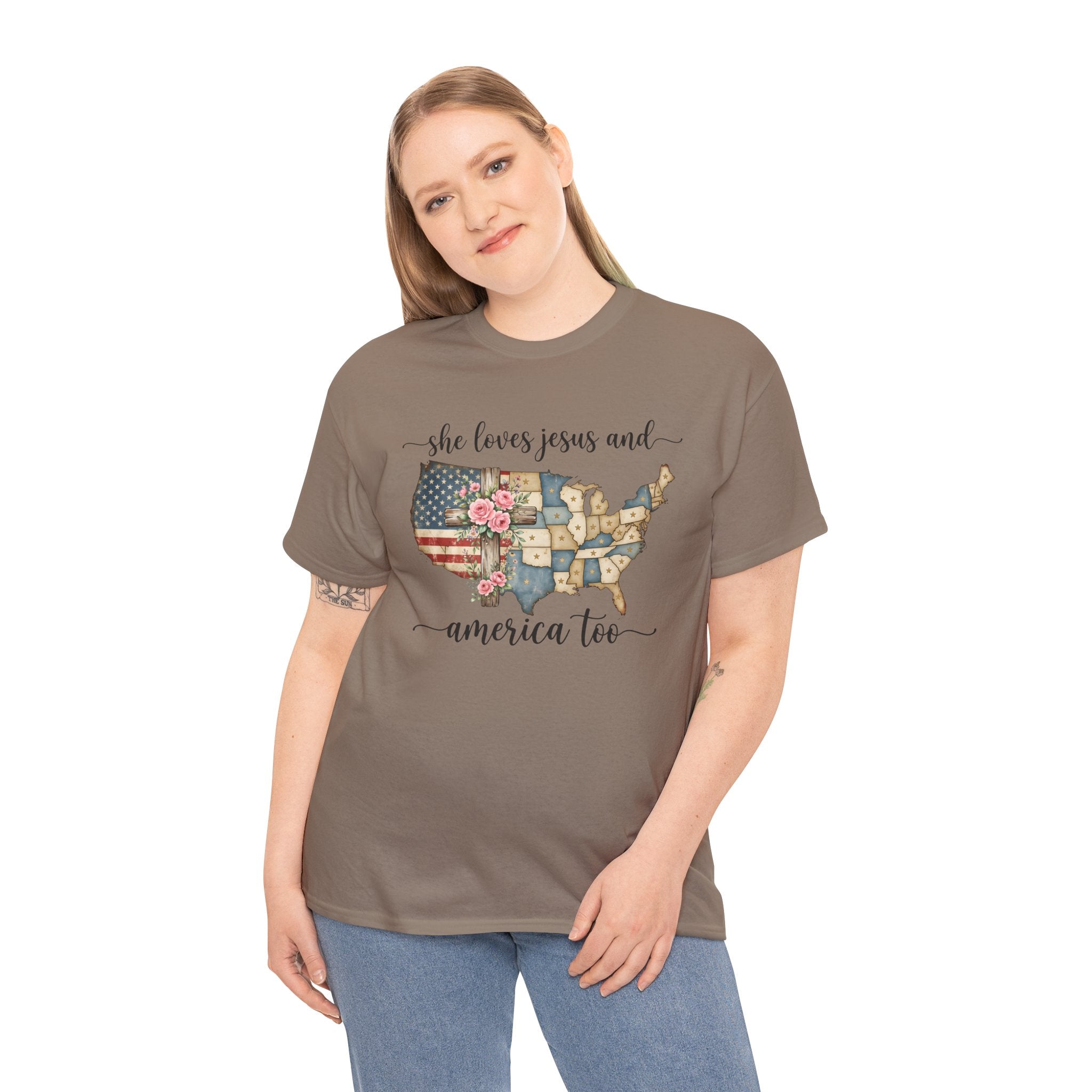 Patriotic Floral USA Tee - "She Loves Jesus and America Too" Christian Flag T-Shirt