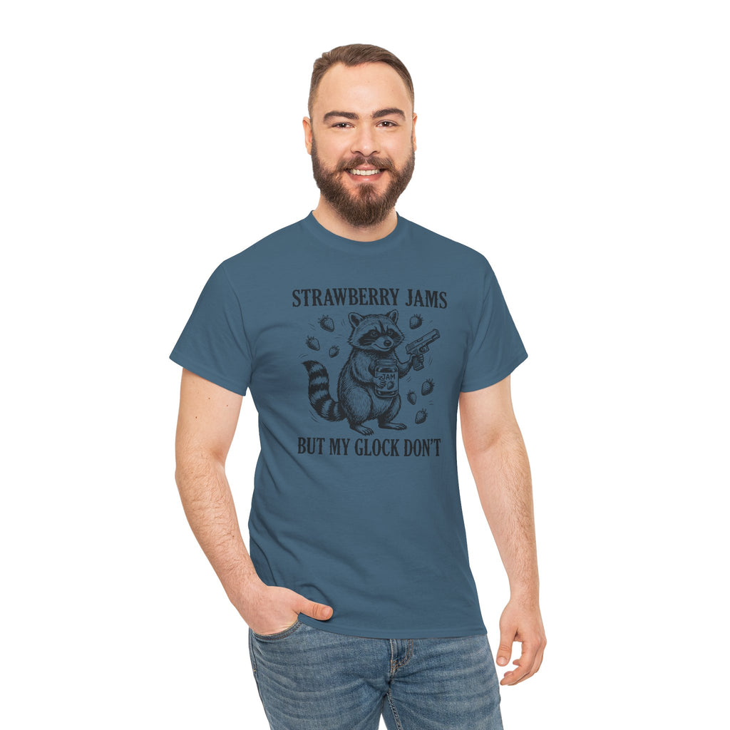 Strawberry Jams But My Glock Don’t T-Shirt — Funny Raccoon Gun Graphic Tee