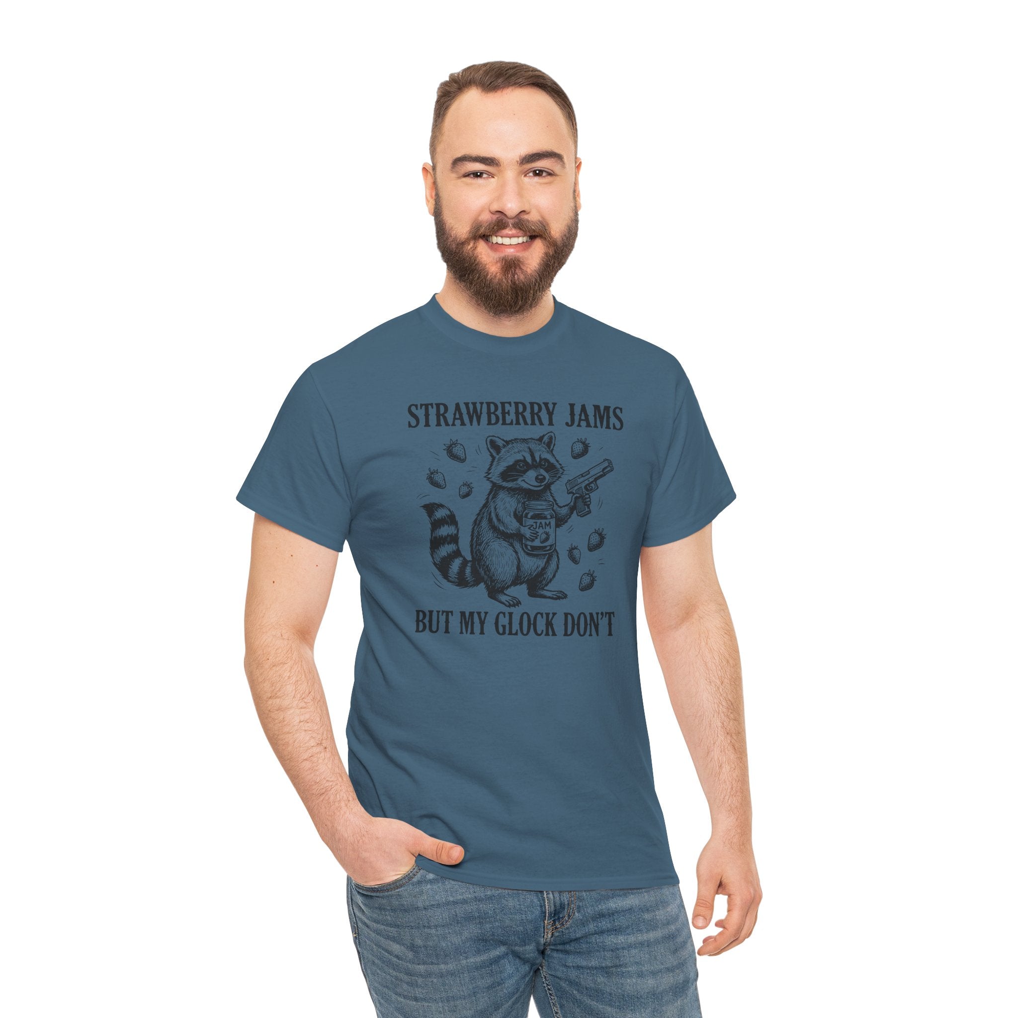 Strawberry Jams But My Glock Don’t T-Shirt — Funny Raccoon Gun Graphic Tee