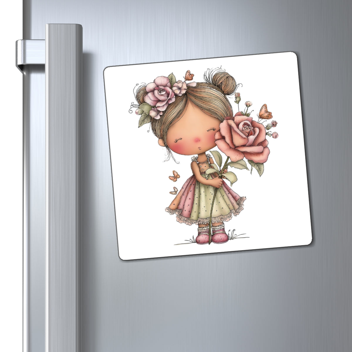 Cute Floral Girl Magnet — Pastel Rose Refrigerator Magnet for Kids & Nursery Decor