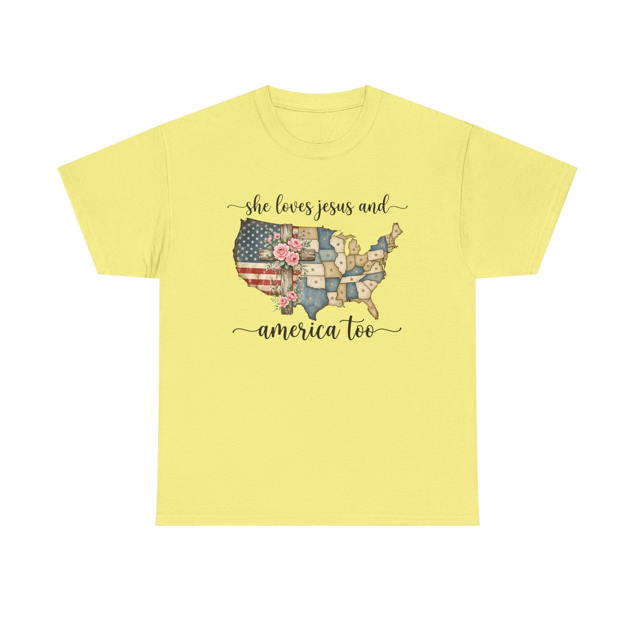 Patriotic Floral USA Tee - "She Loves Jesus and America Too" Christian Flag T-Shirt