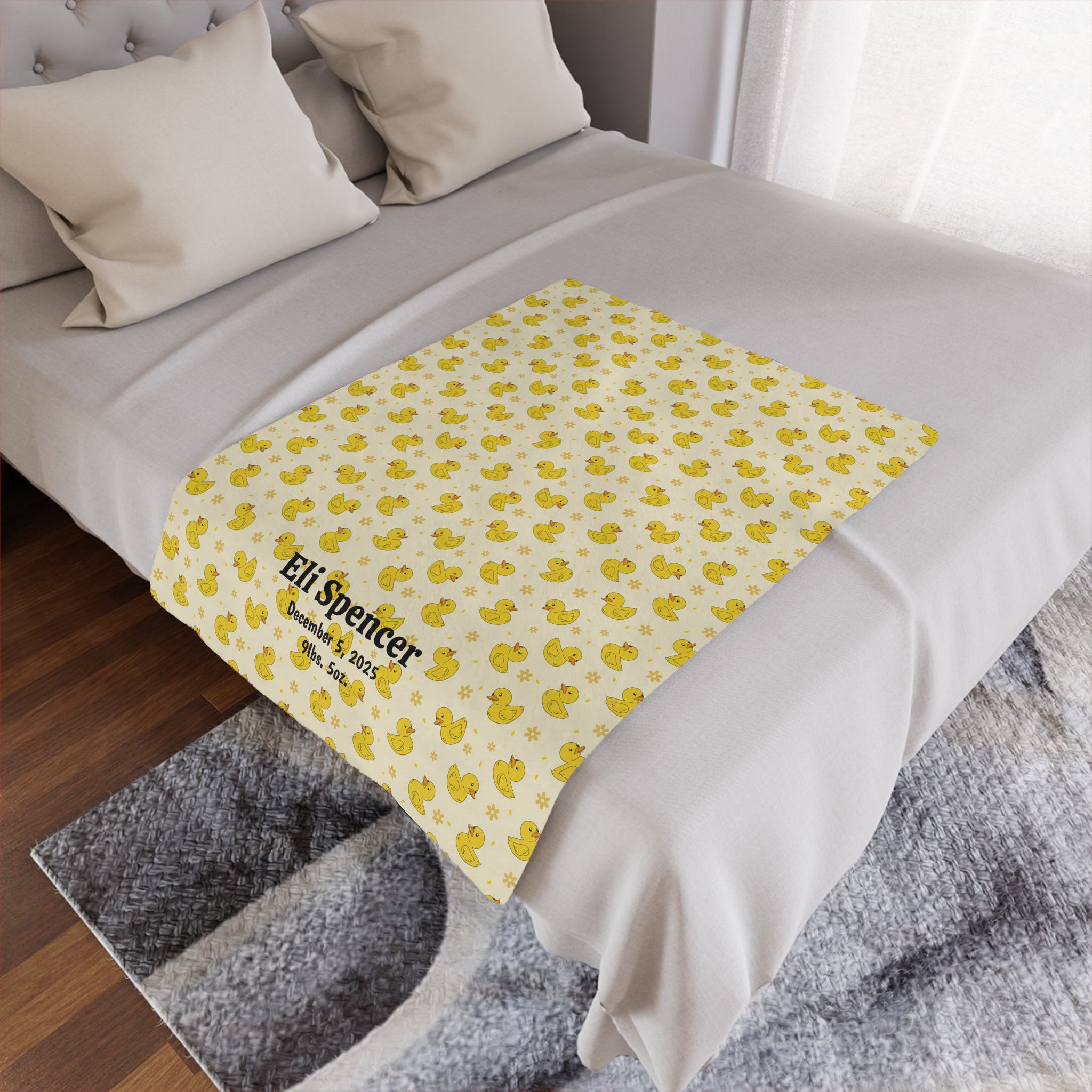 Personalized Baby Minky Blanket — Yellow Duck Pattern with Name & Birth Details