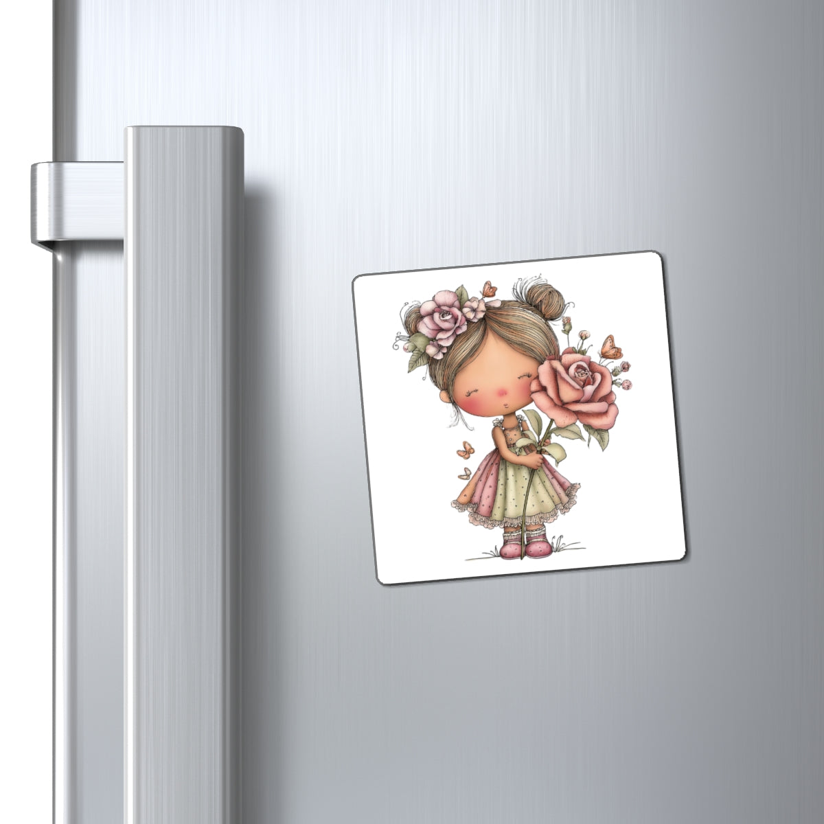 Cute Floral Girl Magnet — Pastel Rose Refrigerator Magnet for Kids & Nursery Decor
