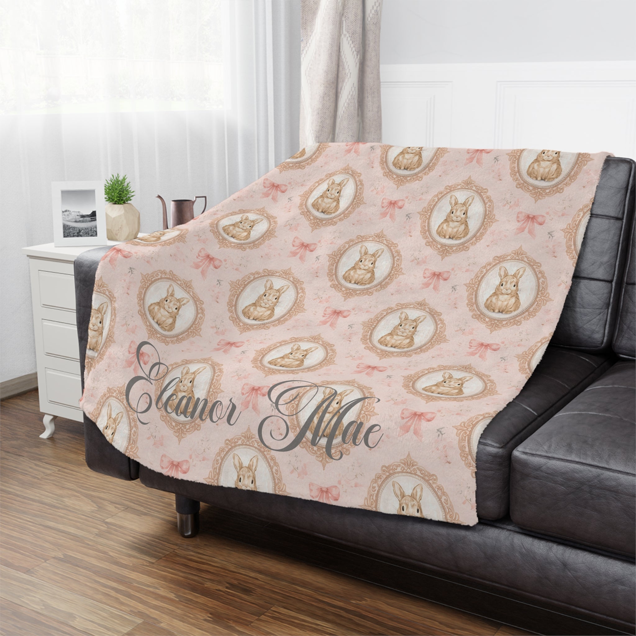 Personalized Pink Bunny Minky Blanket — Vintage Floral Nursery Throw with Name