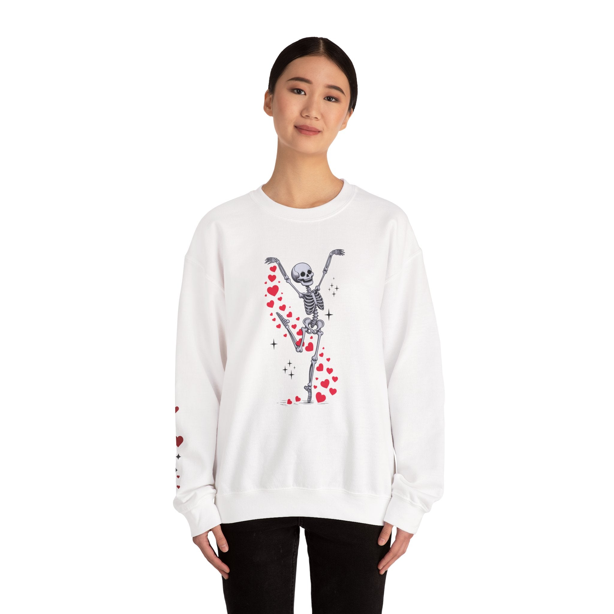 Skeleton Ballet Crewneck Sweatshirt — Dancing Skeleton with Hearts Sleeve