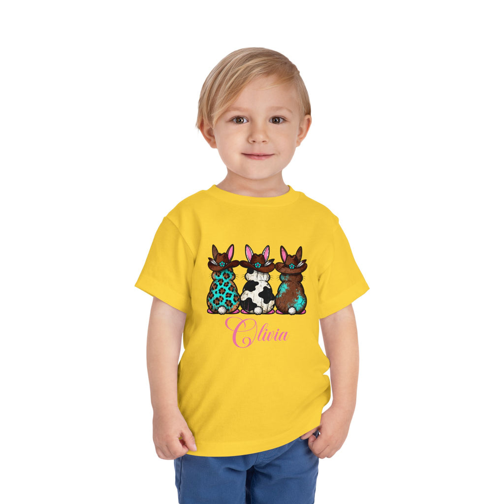 Personalized Toddler Tee — Floral Bow Bunny Trio with Name