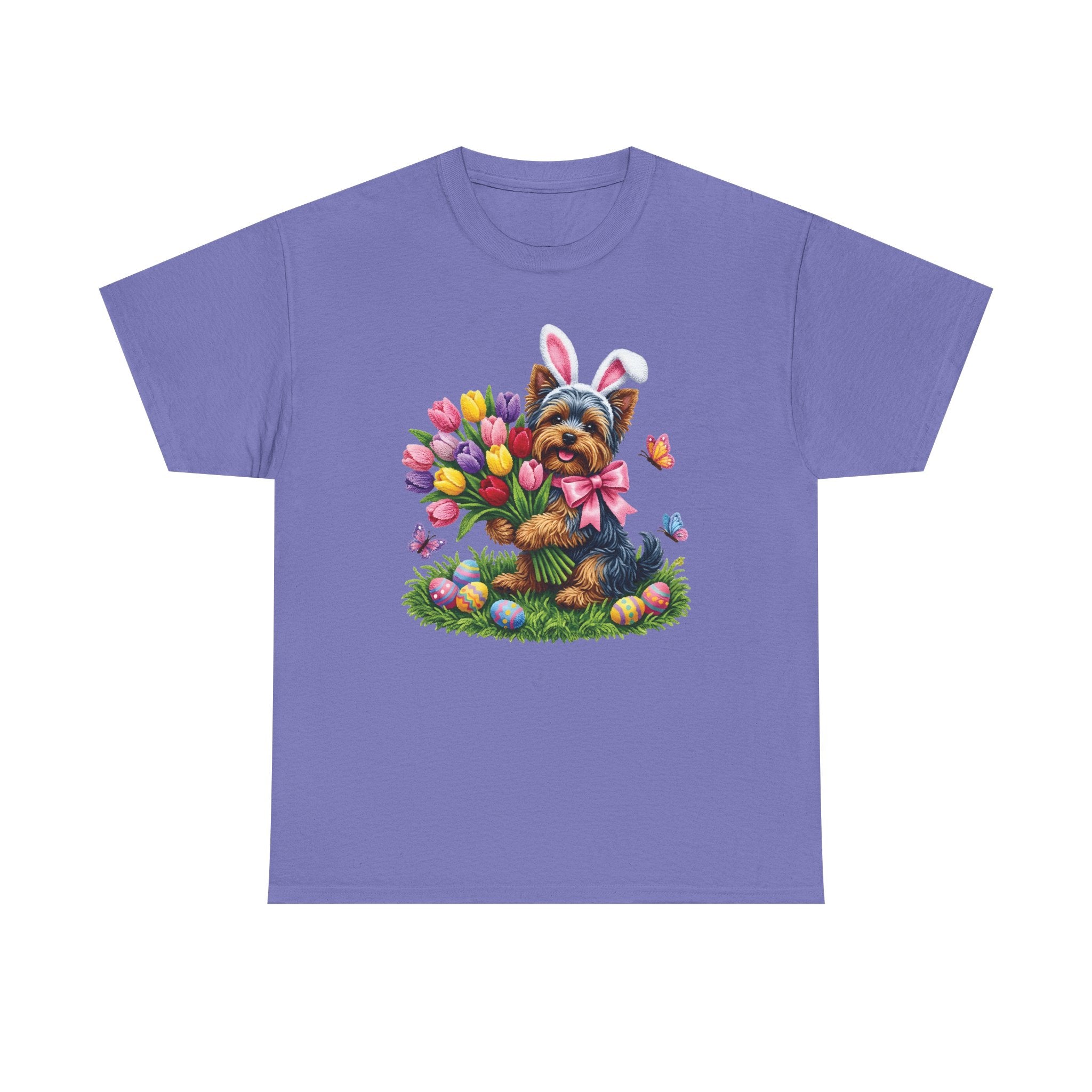 Easter Yorkie Tee — Cute Puppy with Tulips & Bunny Ears Graphic Shirt