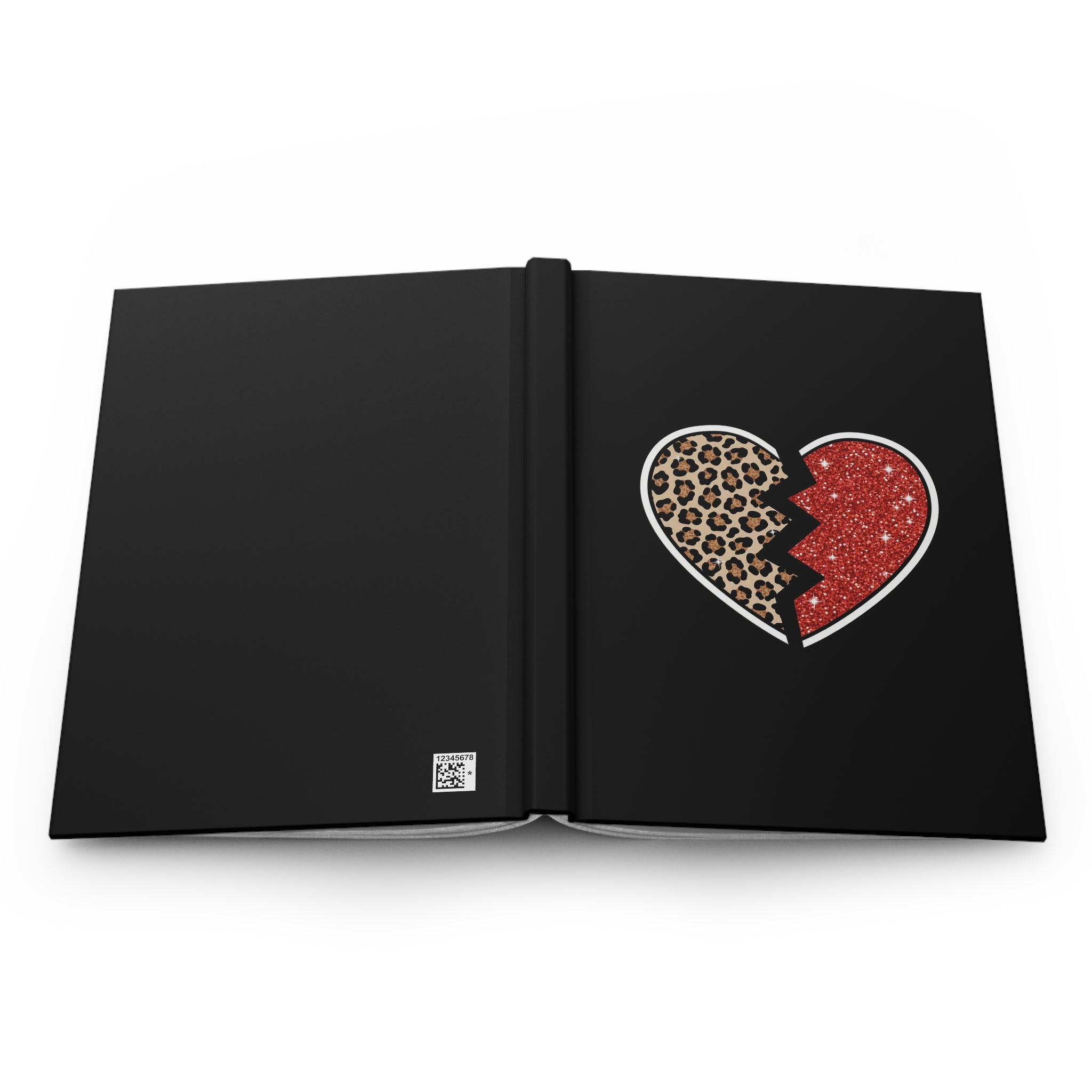 Broken Heart Hardcover Journal — Leopard & Red Glitter Split Heart Notebook