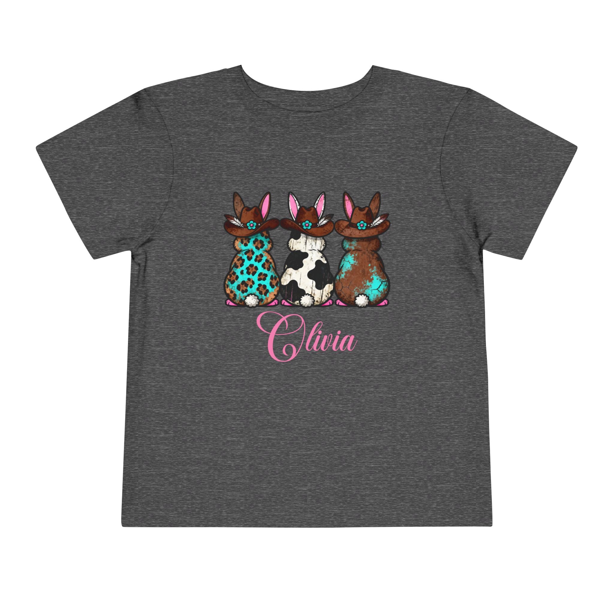 Personalized Toddler Tee — Floral Bow Bunny Trio with Name