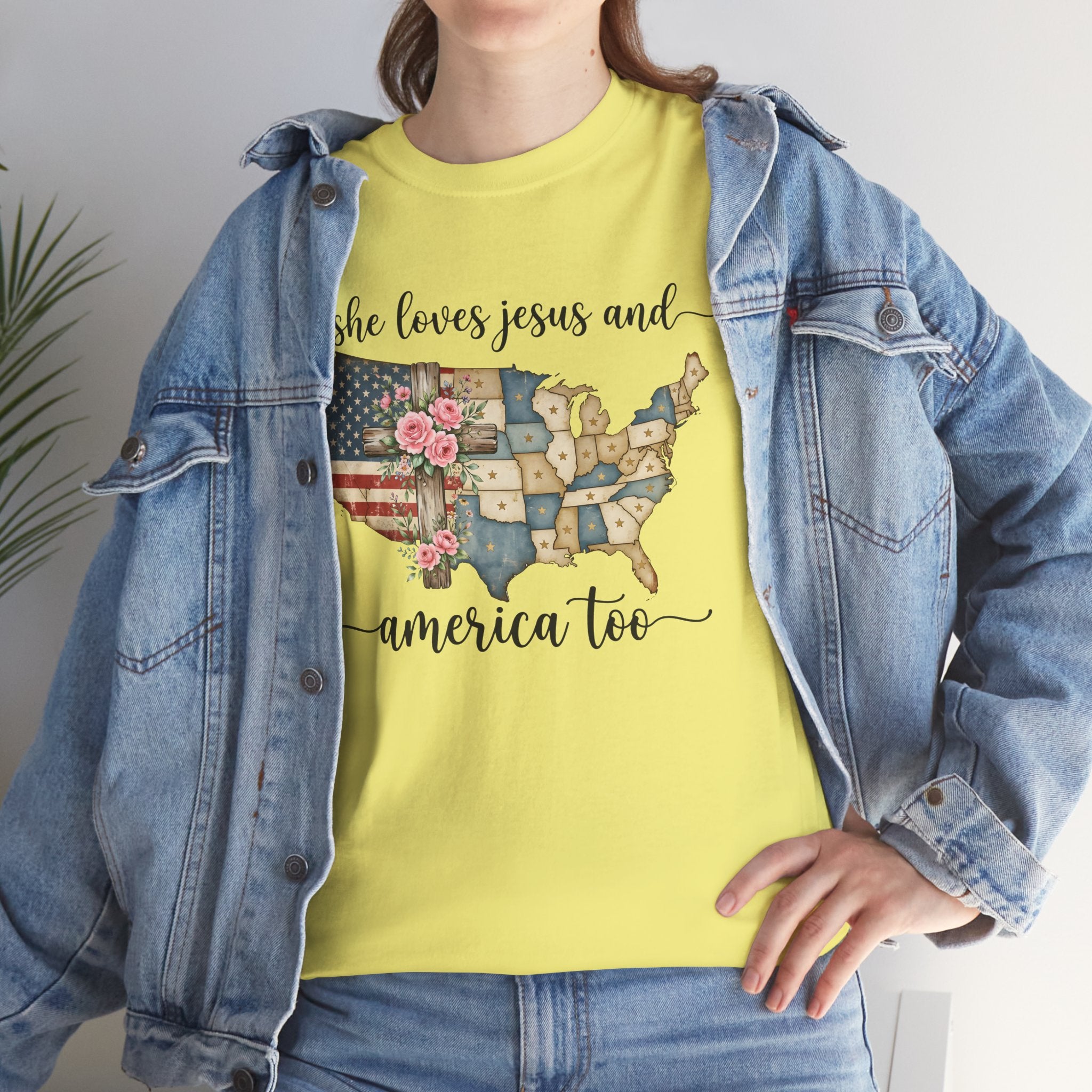 Patriotic Floral USA Tee - "She Loves Jesus and America Too" Christian Flag T-Shirt