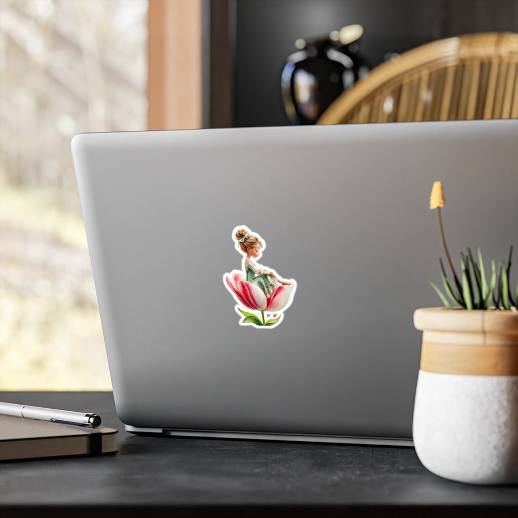 Floral Fairy Girl Kiss-Cut Vinyl Sticker — Cute Tulip Decal for Laptops, Water Bottles & Windows