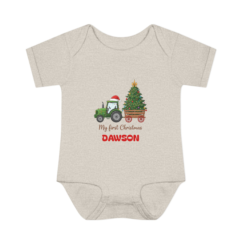 Personalized "My First Christmas" Baby Bodysuit — Tractor & Tree Infant Onesie