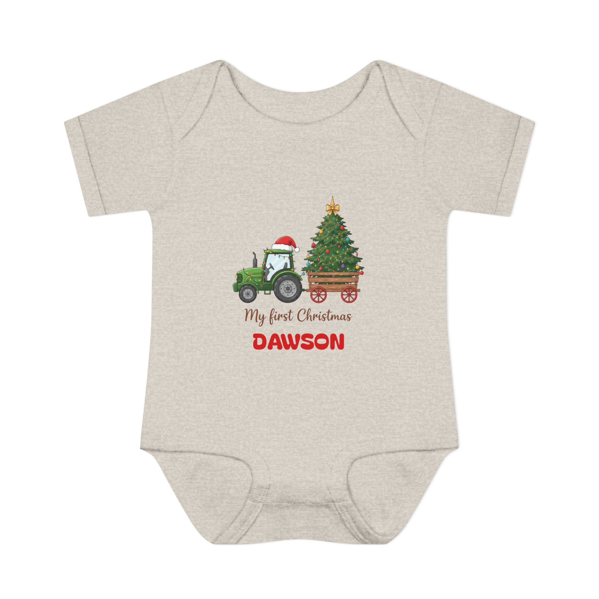 Personalized "My First Christmas" Baby Bodysuit — Tractor & Tree Infant Onesie