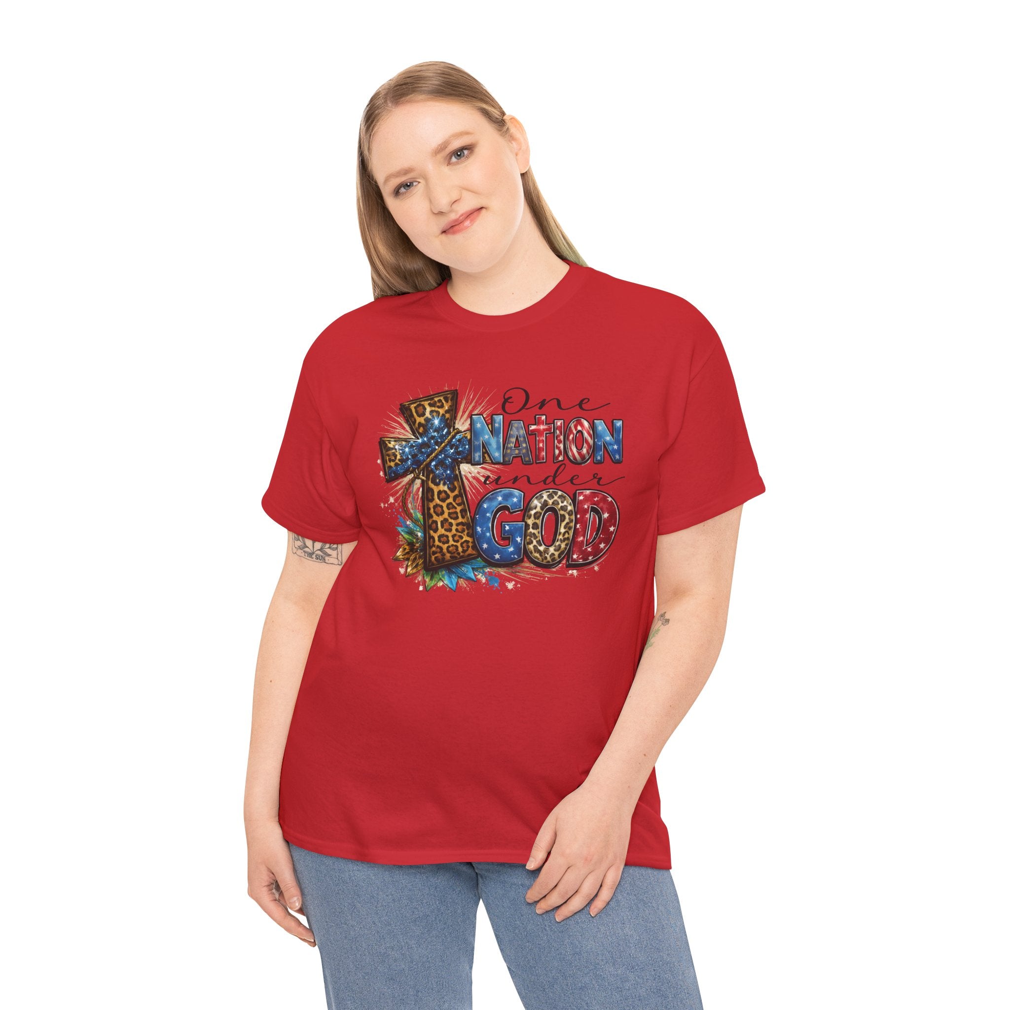 One Nation United Under God Tee — Patriotic Christian T-Shirt with Cross & Leopard Print