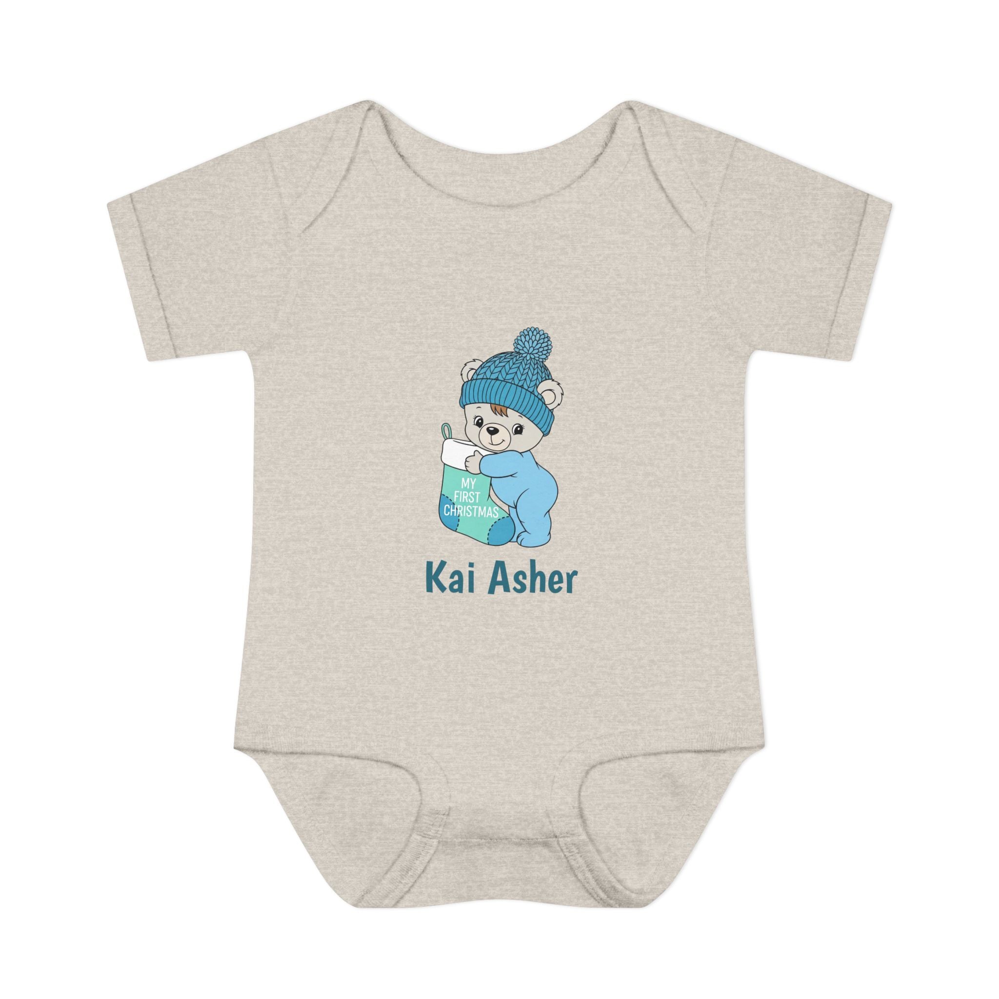 Personalized Baby Bodysuit — Blue Cozy Bear My First Christmas with Name