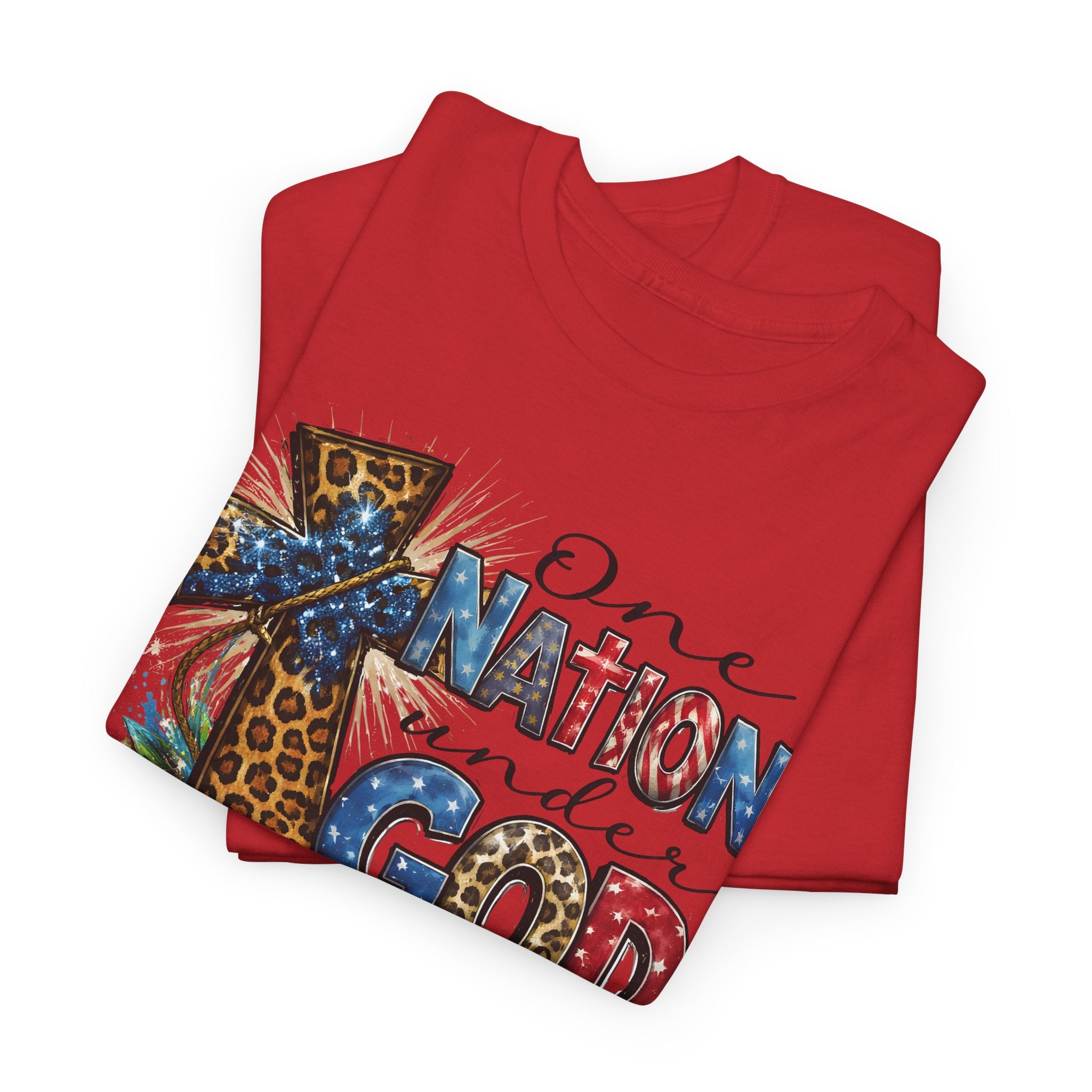 One Nation United Under God Tee — Patriotic Christian T-Shirt with Cross & Leopard Print