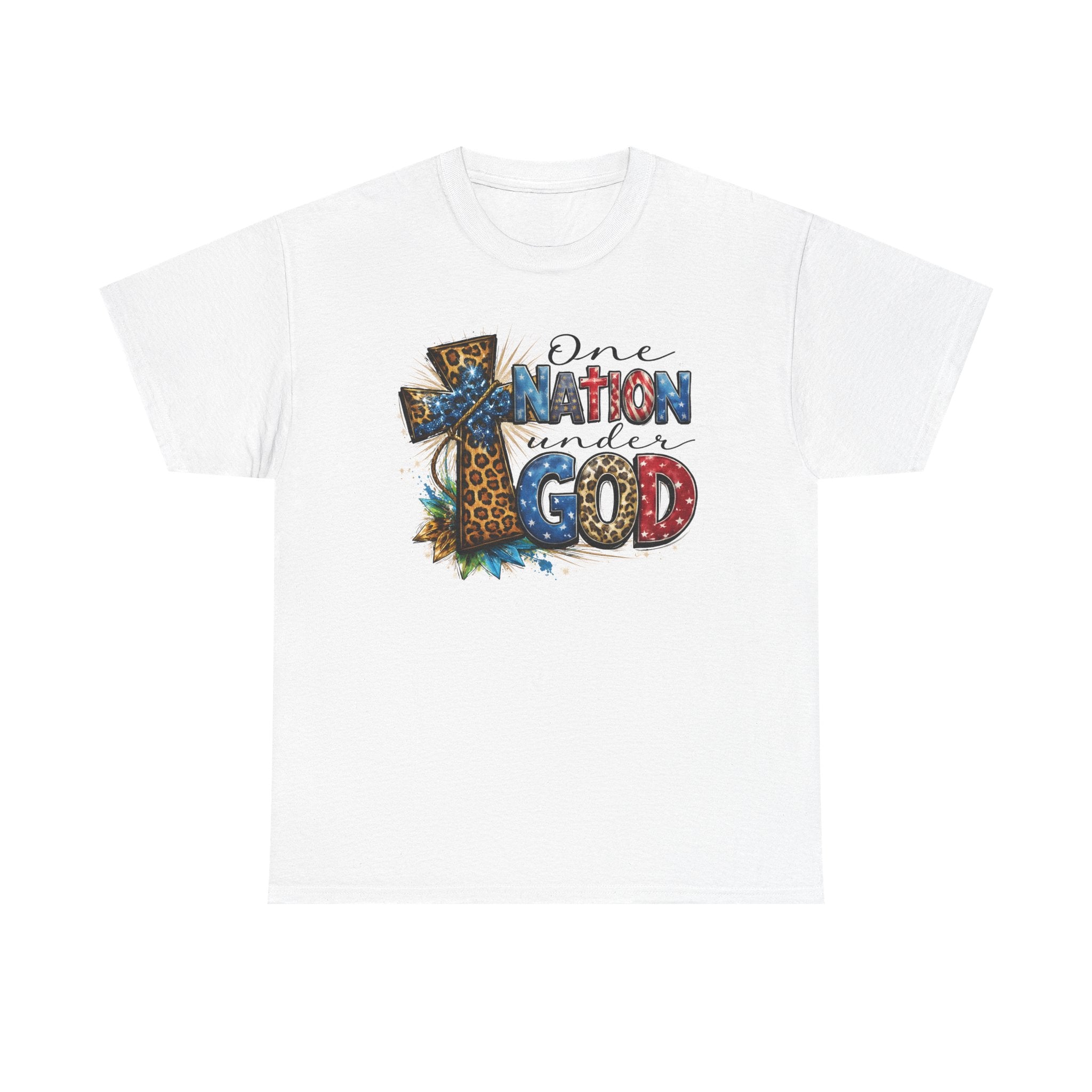 One Nation United Under God Tee — Patriotic Christian T-Shirt with Cross & Leopard Print