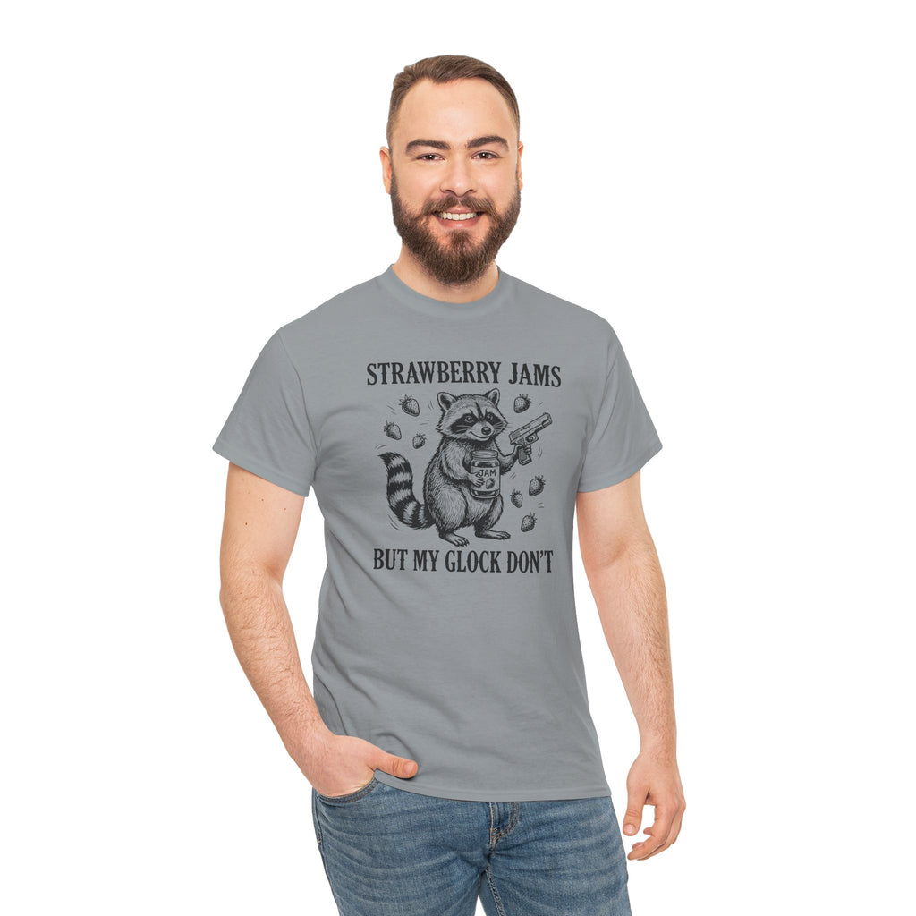 Strawberry Jams But My Glock Don’t T-Shirt — Funny Raccoon Gun Graphic Tee