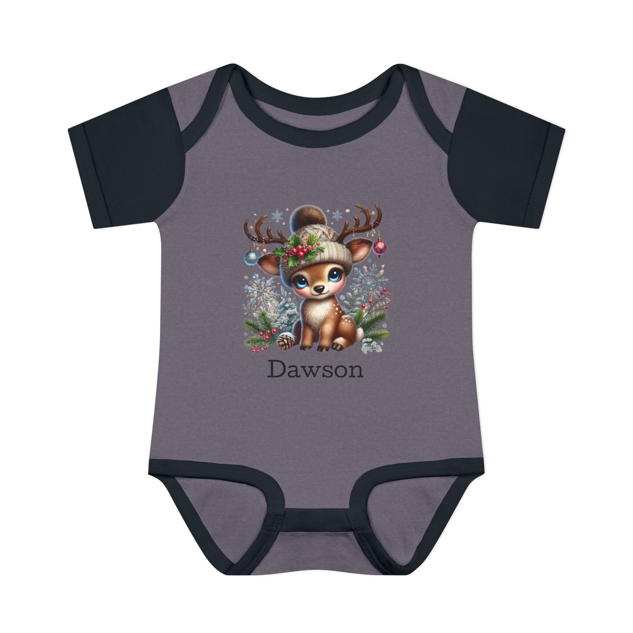 Personalized Festive Deer Baby Bodysuit — | Custom Name Infant One Piece