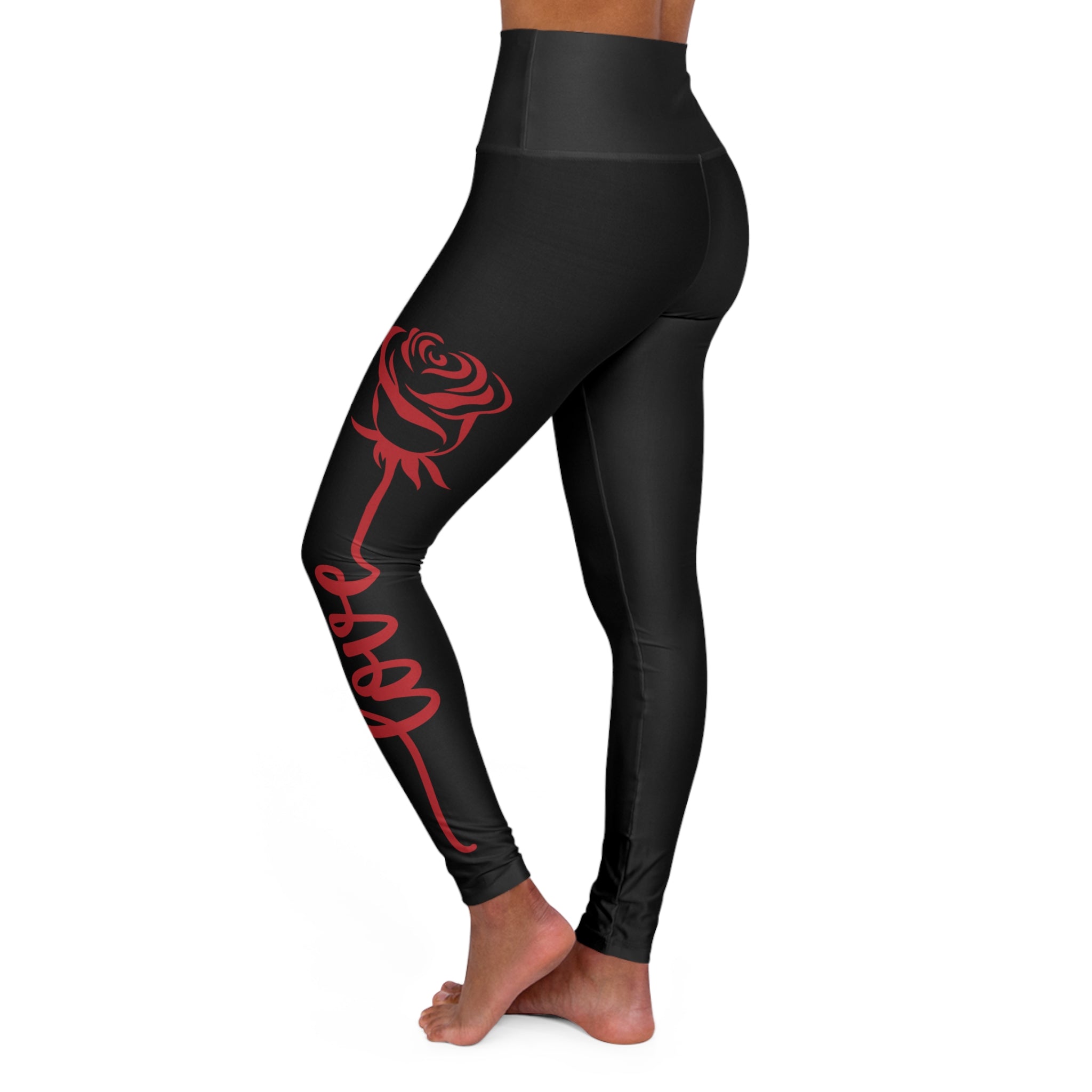 High-Waisted Yoga Leggings — Black with Red Script Love And Rose Side Graphic