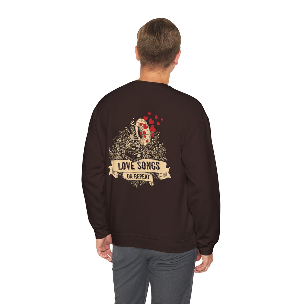 Love Songs Crewneck Sweatshirt — Vintage Gramophone "Love Songs on Repeat"