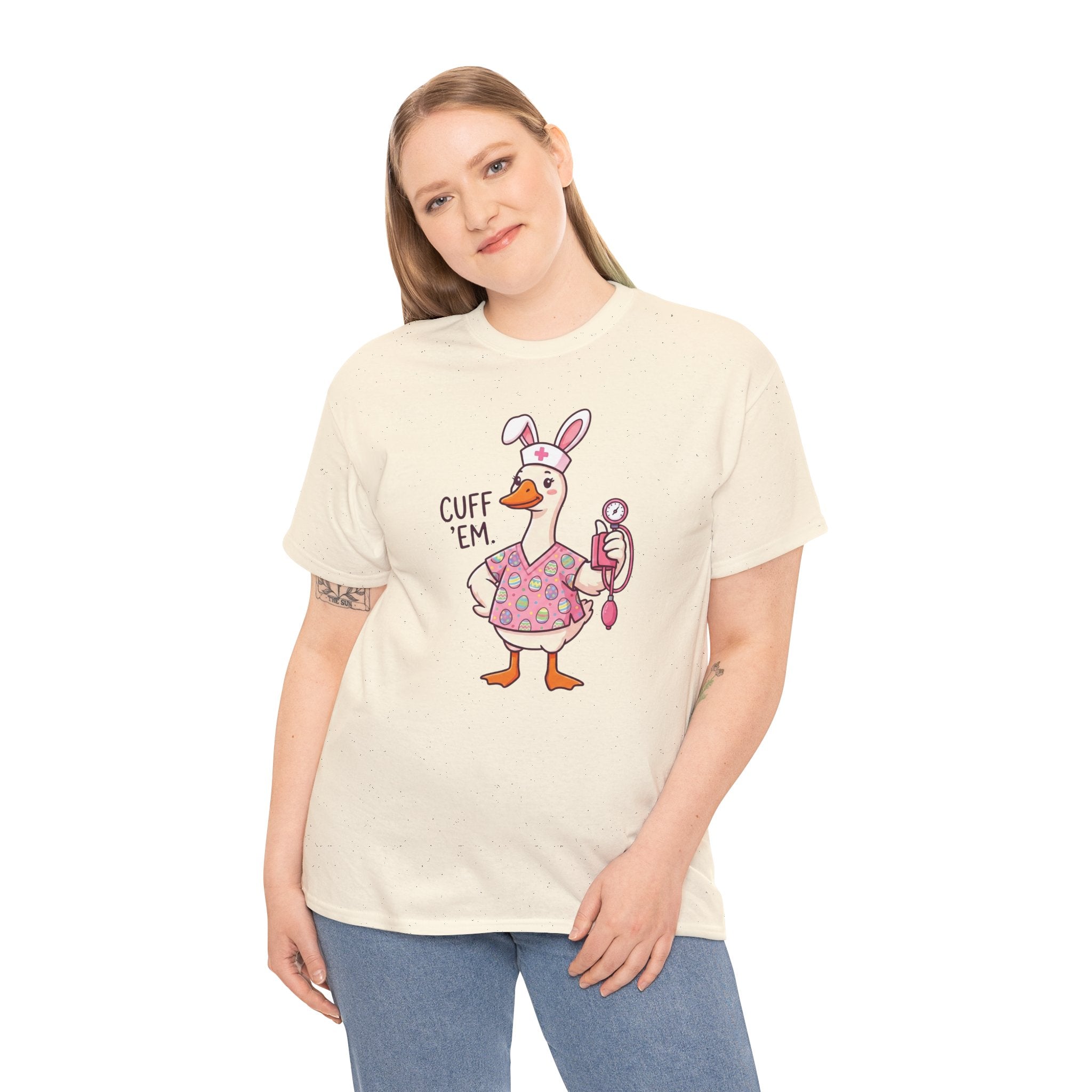 Nurse Goose in Bunny Costume T‑Shirt — "Cuff 'Em" Cute Novelty Tee
