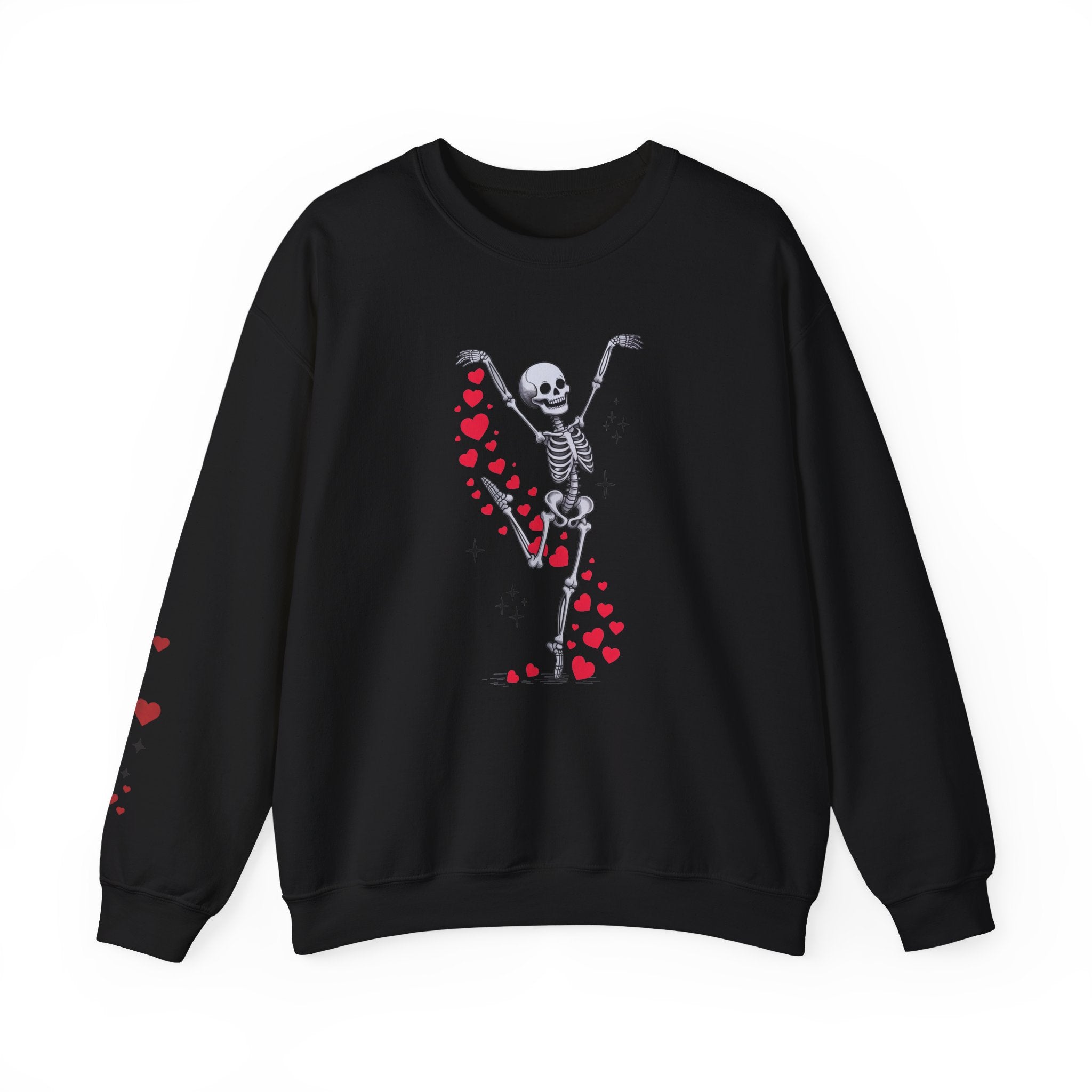 Skeleton Ballet Crewneck Sweatshirt — Dancing Skeleton with Hearts Sleeve