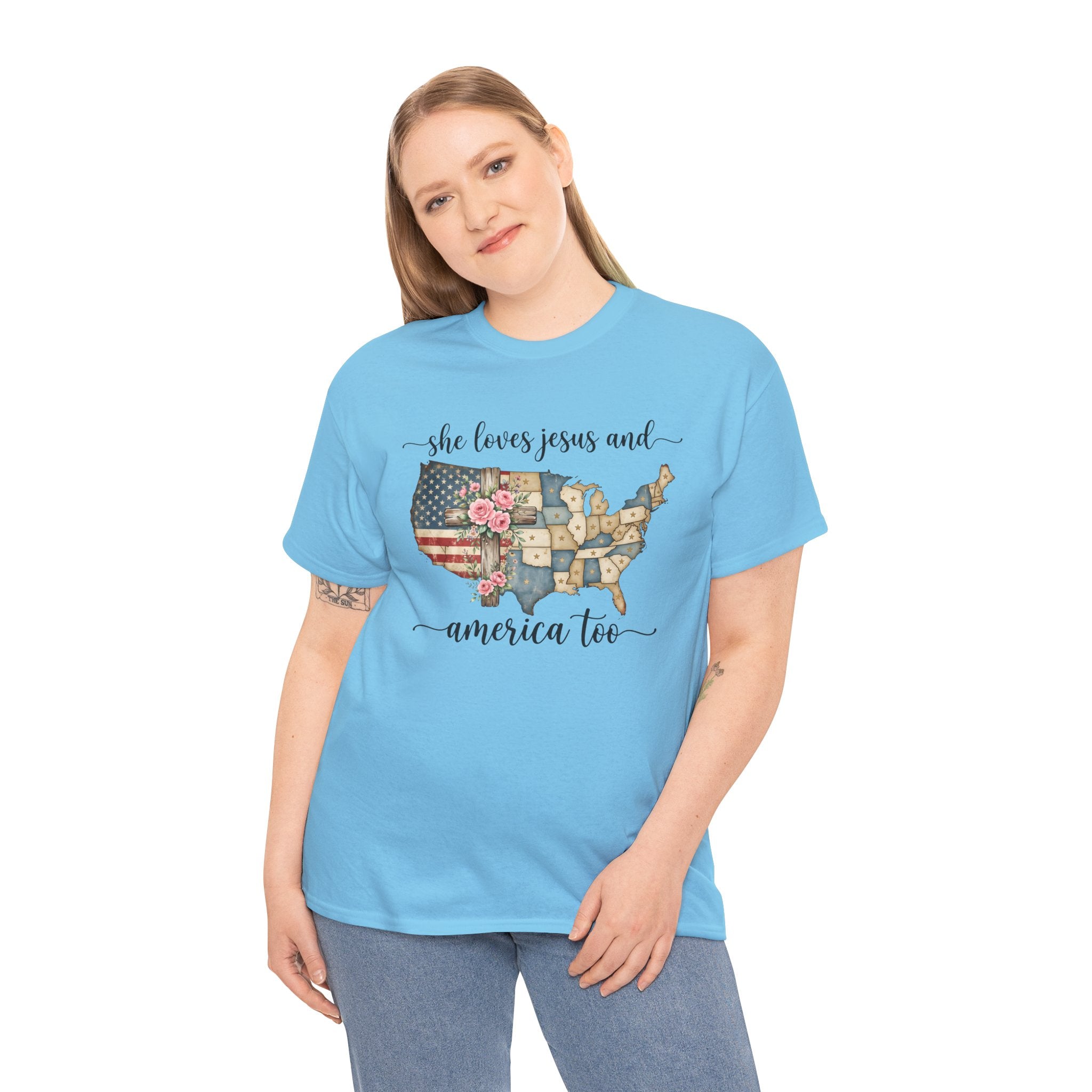 Patriotic Floral USA Tee - "She Loves Jesus and America Too" Christian Flag T-Shirt