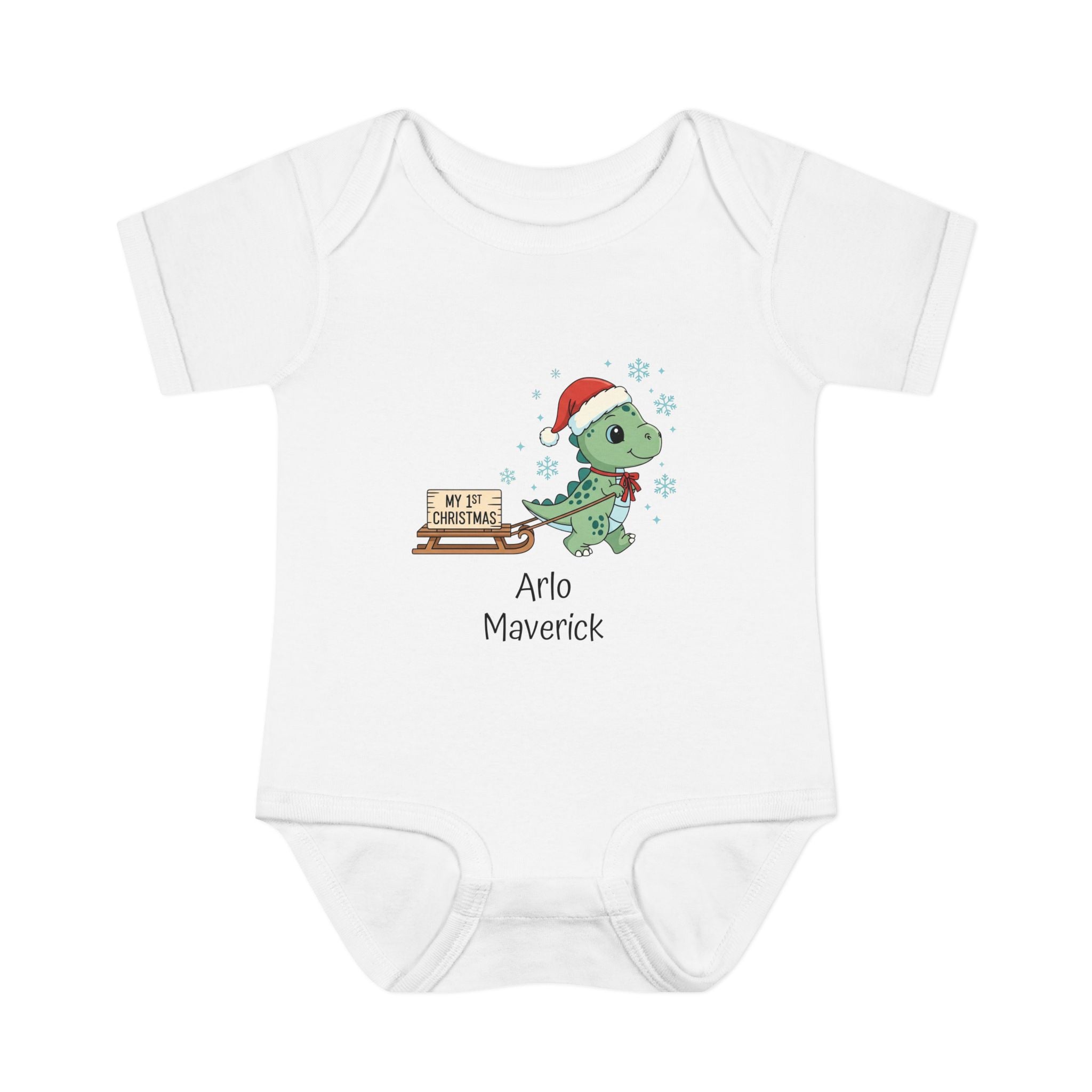 Baby Bodysuit — Personalized Christmas Dino with Santa Hat