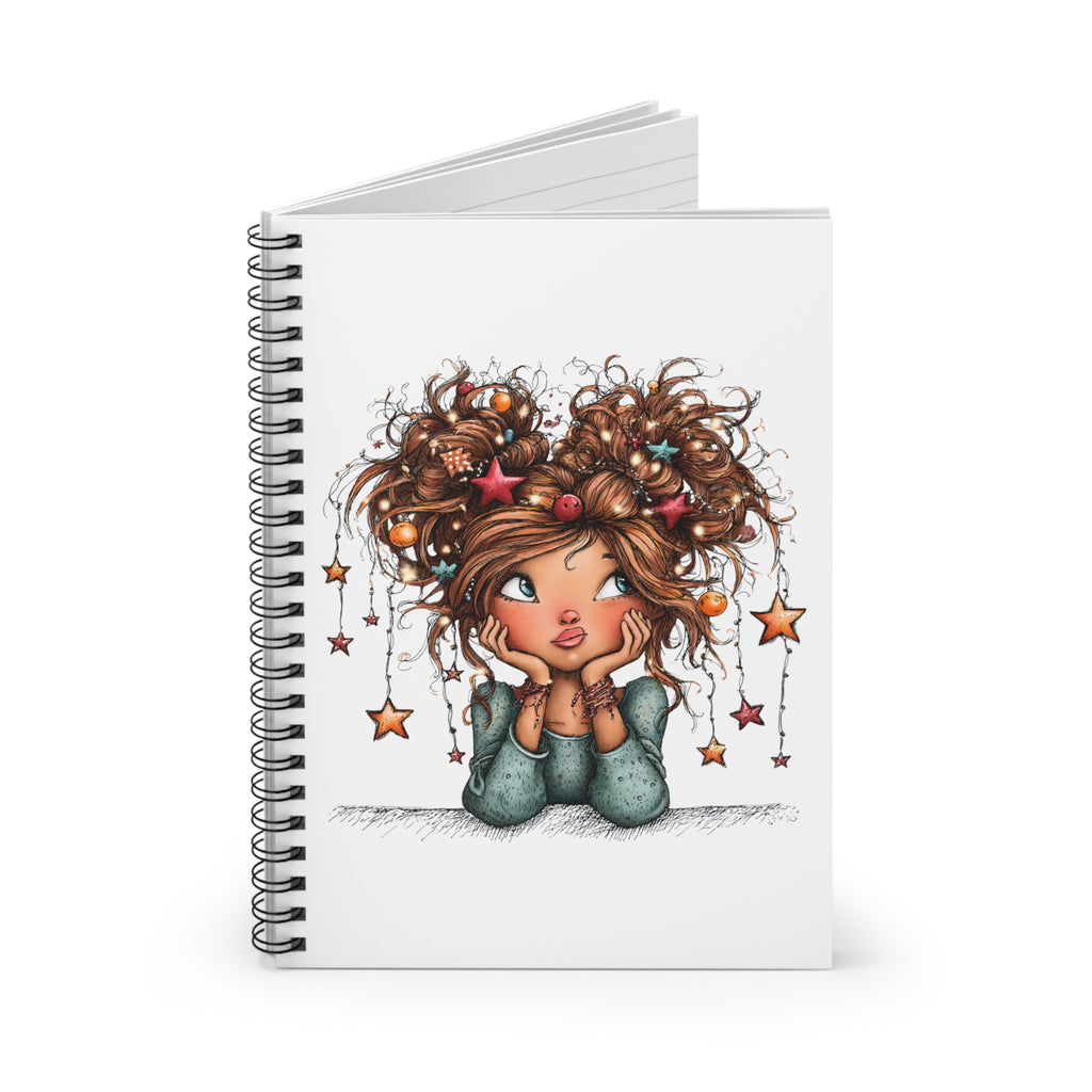 Cute Dreamer Notebook — Spiral Ruled Journal with Whimsical Girl & Hanging Stars