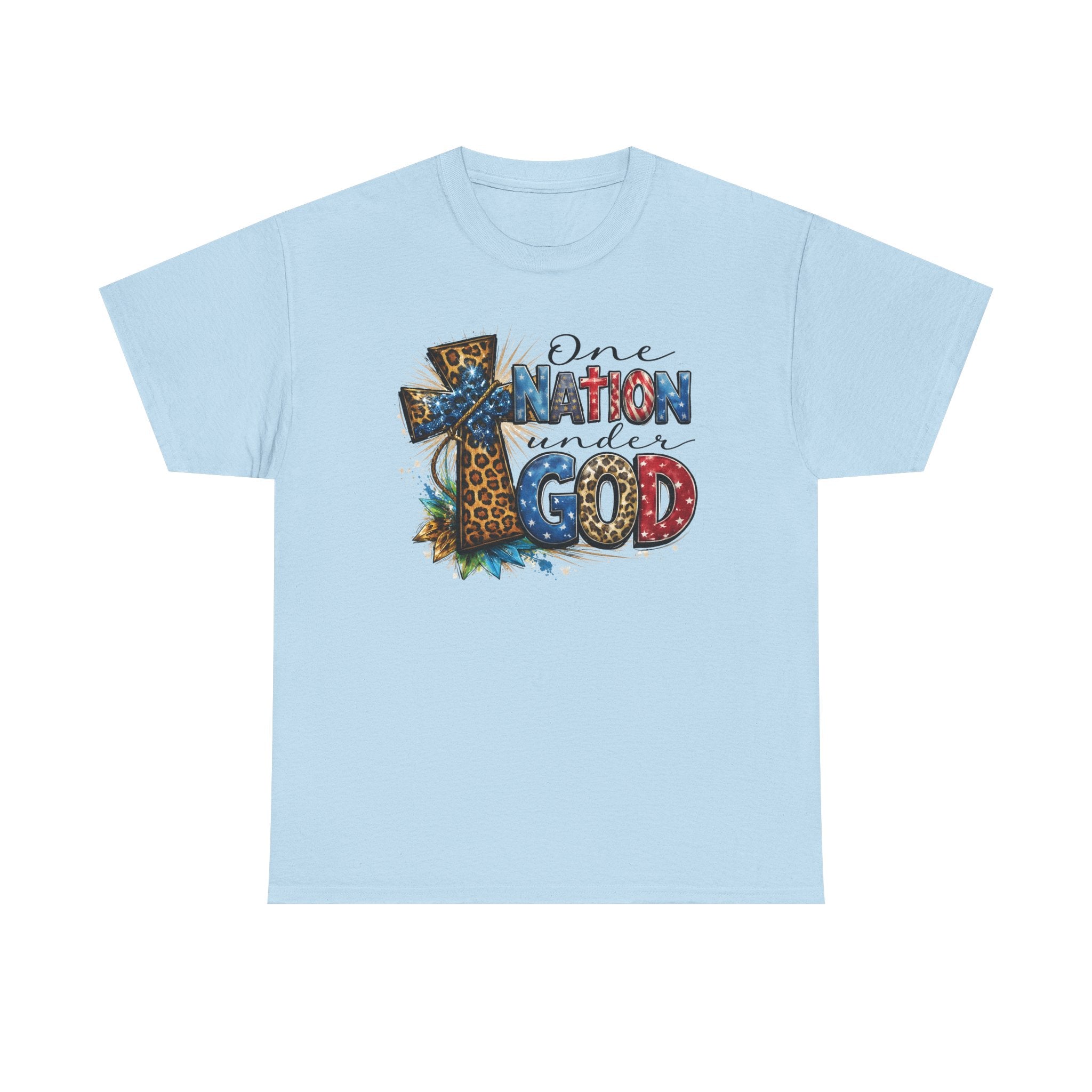 One Nation United Under God Tee — Patriotic Christian T-Shirt with Cross & Leopard Print