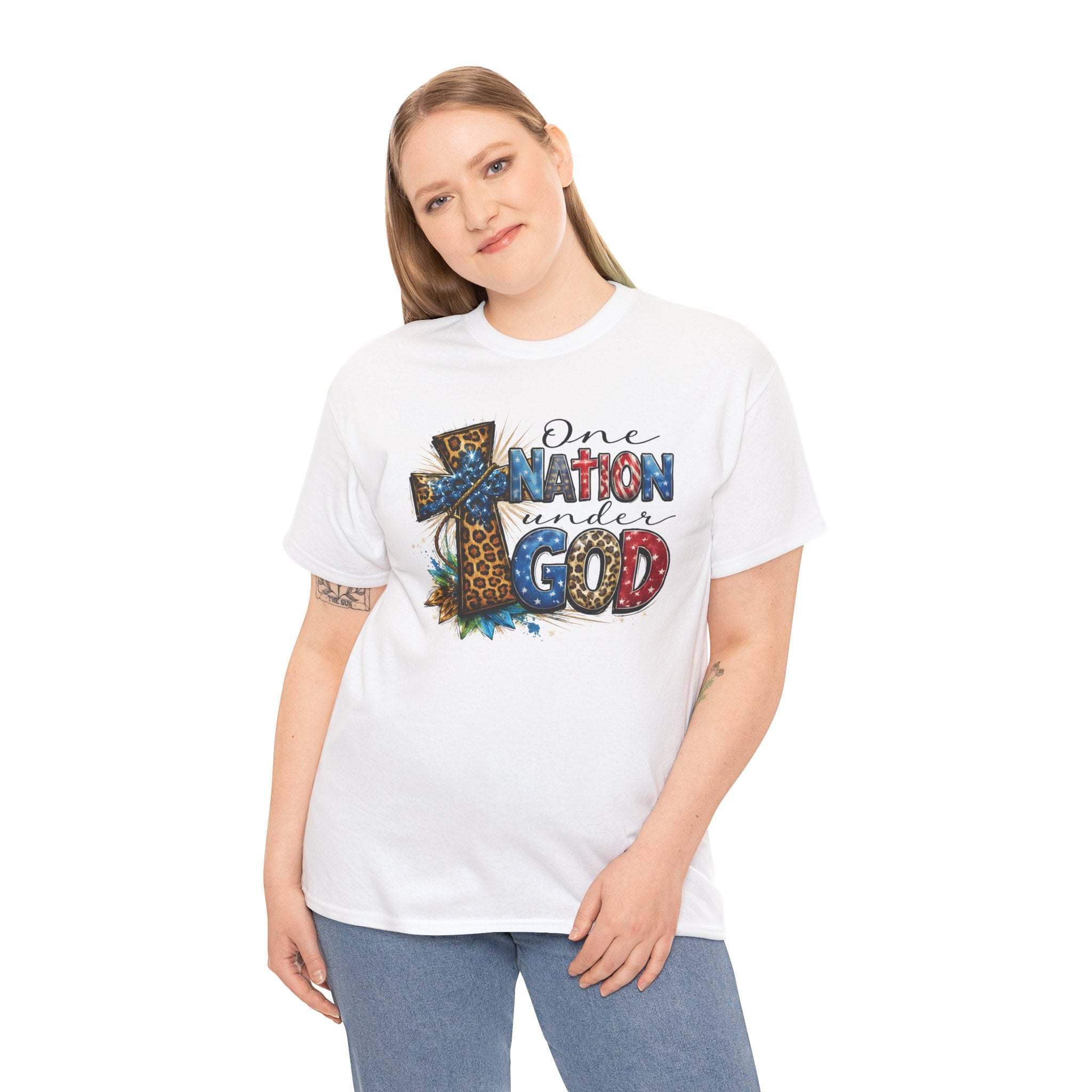 One Nation United Under God Tee — Patriotic Christian T-Shirt with Cross & Leopard Print