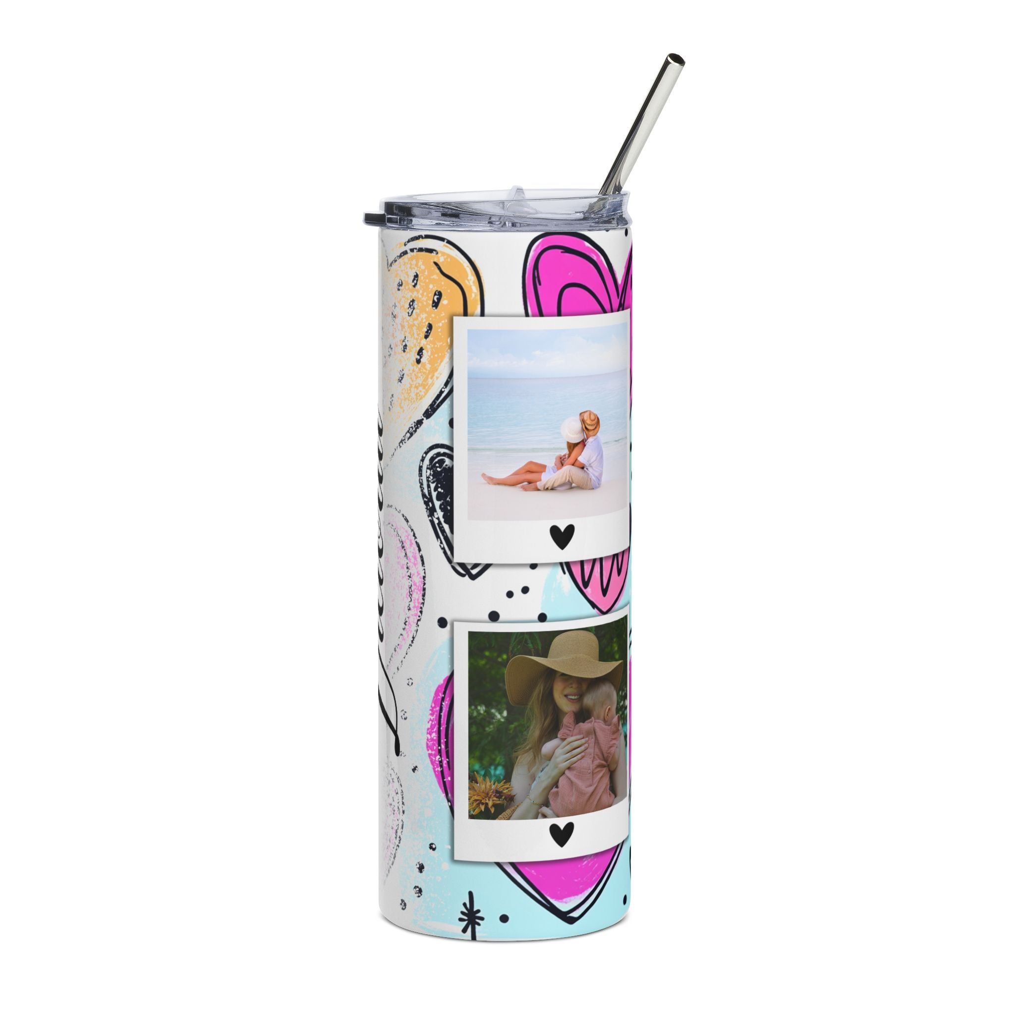 Personalized Watercolor Hearts Photo Name Tumbler - 20oz Stainless Steel Tumbler