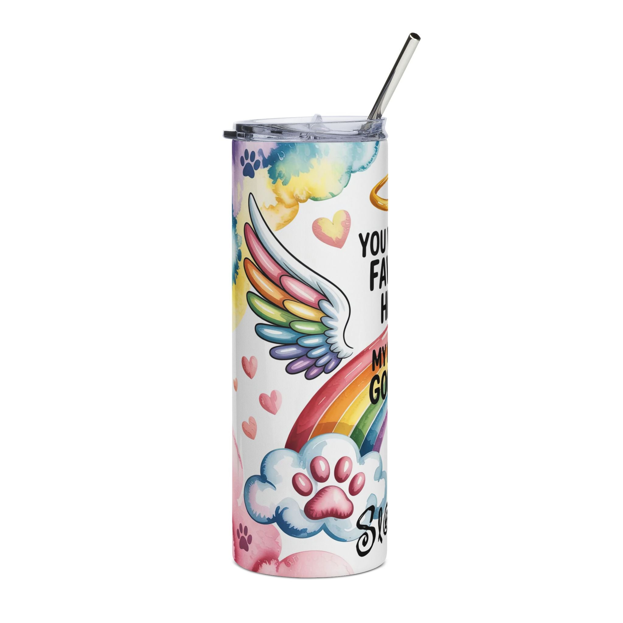 20oz Personalized Pet Memorial Stainless Steel Tumbler — “You Were My Favorite Hello and My Hardest Goodbye” Rainbow Paw Design