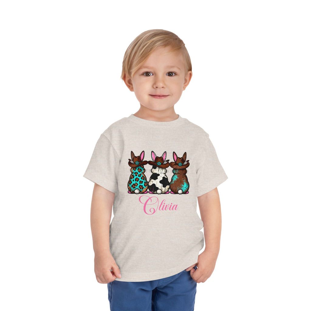 Personalized Toddler Tee — Floral Bow Bunny Trio with Name
