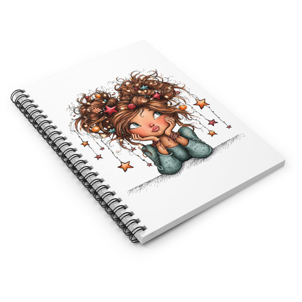 Cute Dreamer Notebook — Spiral Ruled Journal with Whimsical Girl & Hanging Stars
