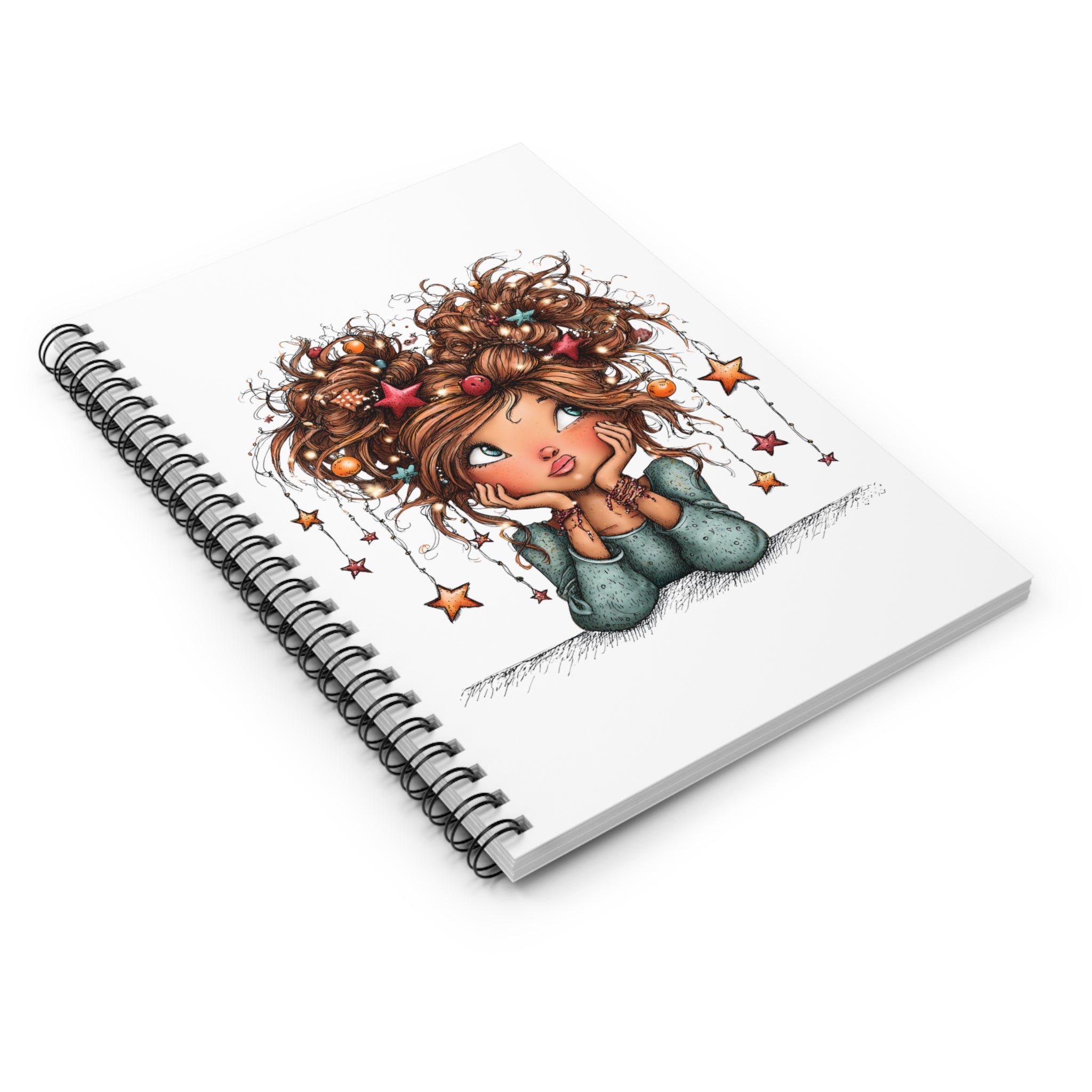 Cute Dreamer Notebook — Spiral Ruled Journal with Whimsical Girl & Hanging Stars