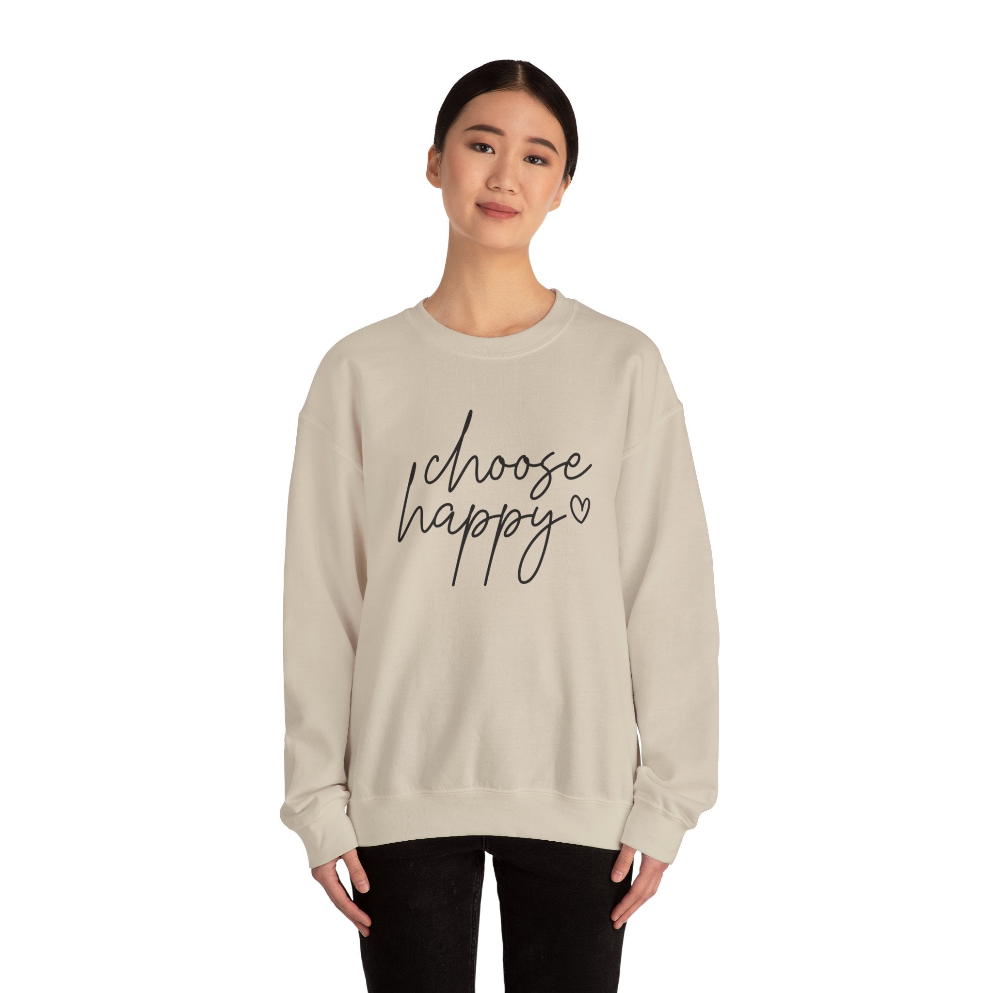 Choose Happy Crewneck Sweatshirt — Cozy Inspirational Pullover with Script Heart