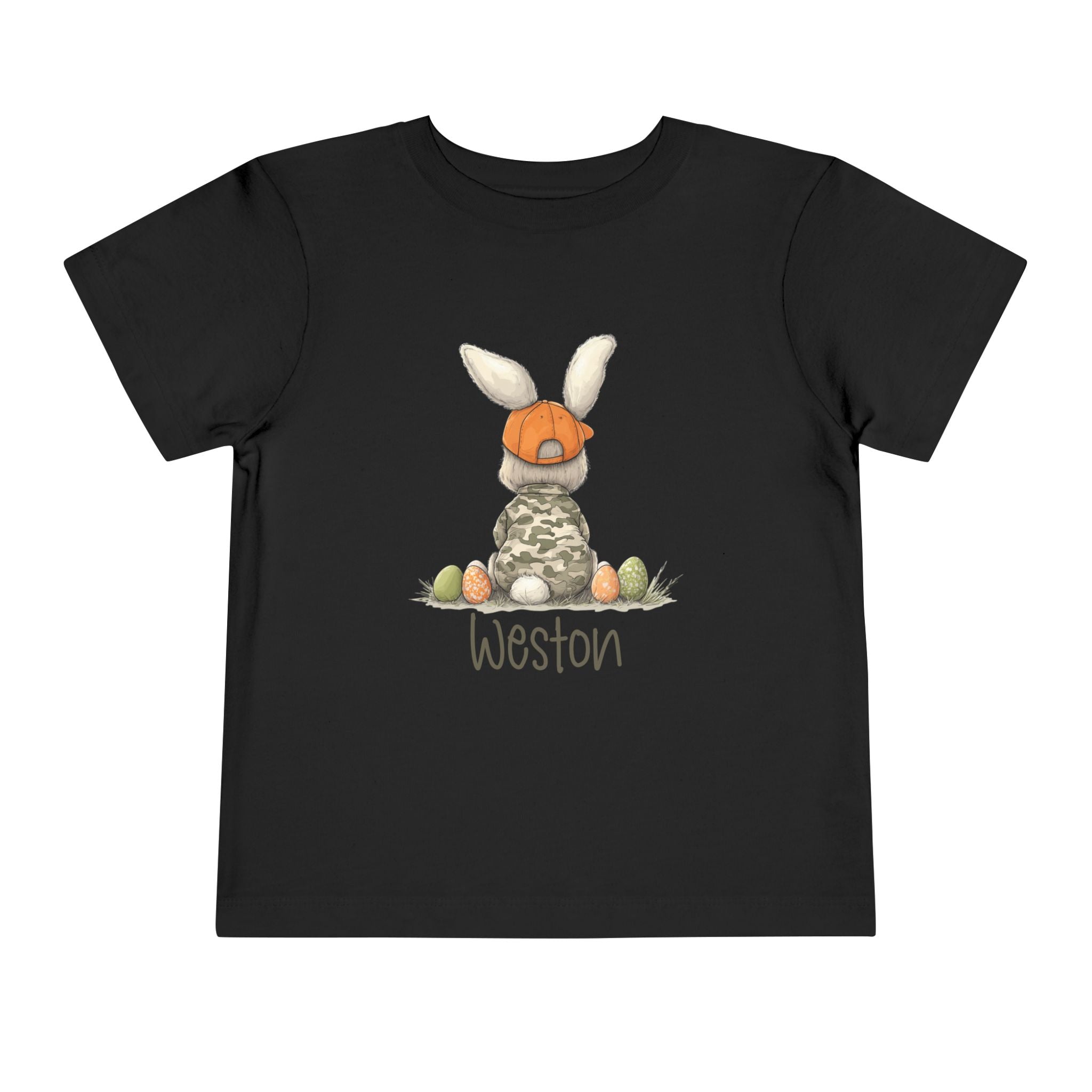 Personalized Toddler Tee — Camouflage Bunny with Orange Cap (Name Customizable)