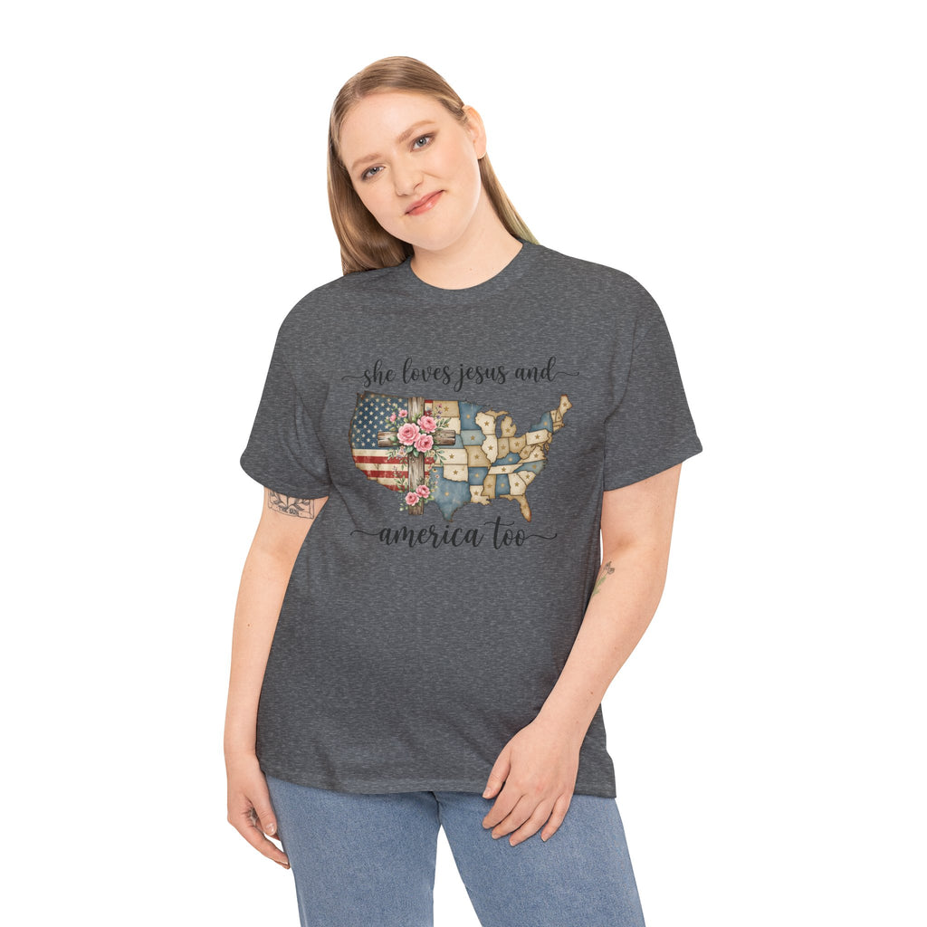 Patriotic Floral USA Tee - "She Loves Jesus and America Too" Christian Flag T-Shirt