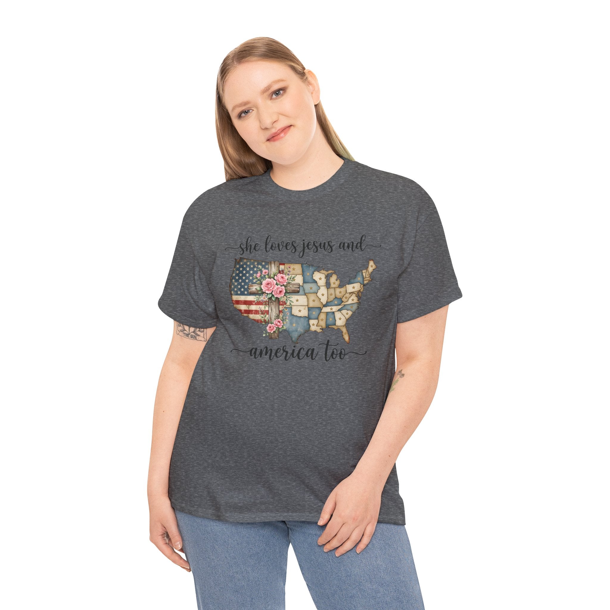Patriotic Floral USA Tee - "She Loves Jesus and America Too" Christian Flag T-Shirt
