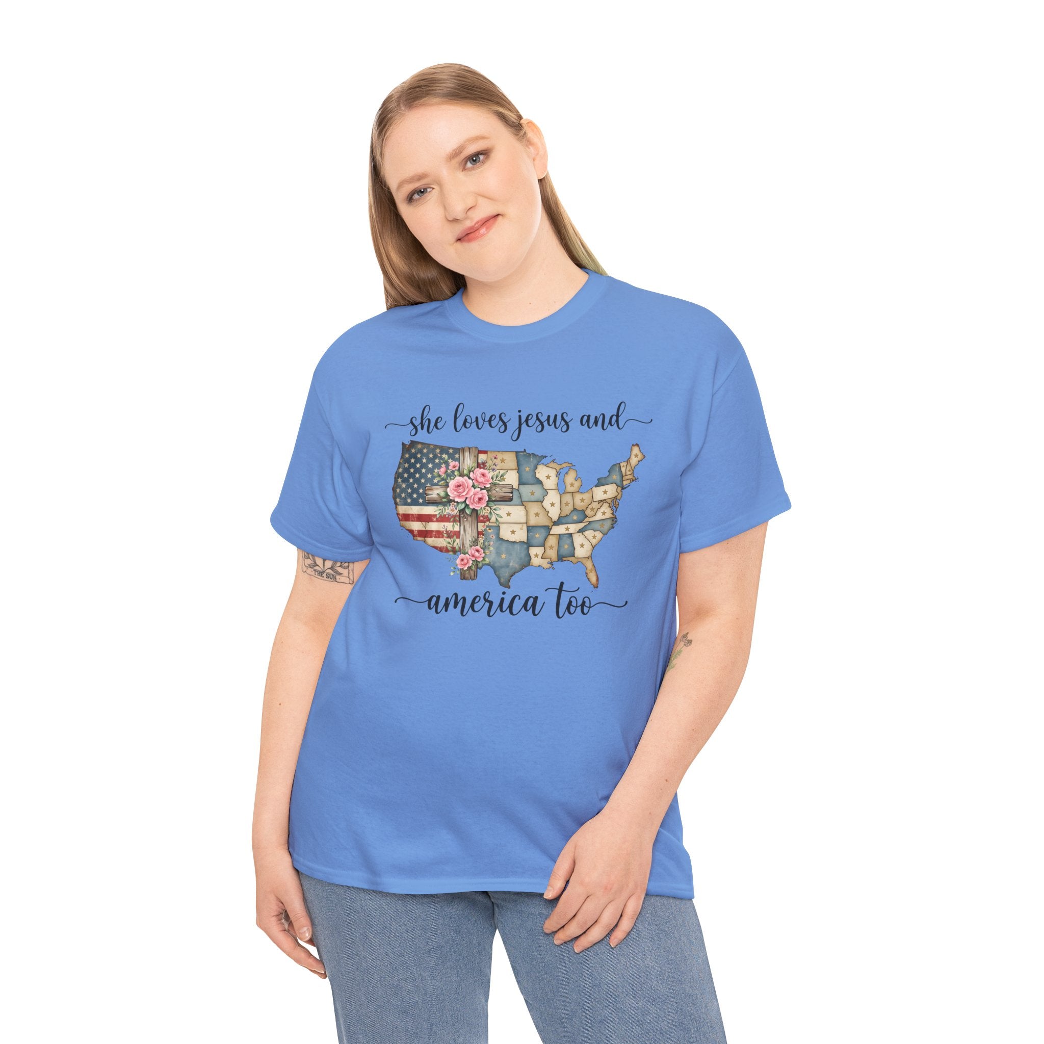 Patriotic Floral USA Tee - "She Loves Jesus and America Too" Christian Flag T-Shirt