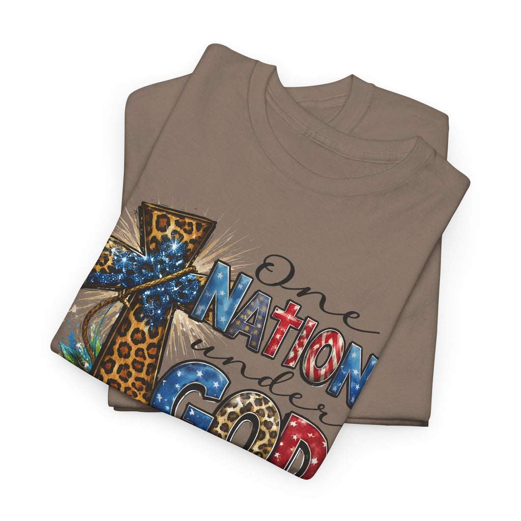 One Nation United Under God Tee — Patriotic Christian T-Shirt with Cross & Leopard Print