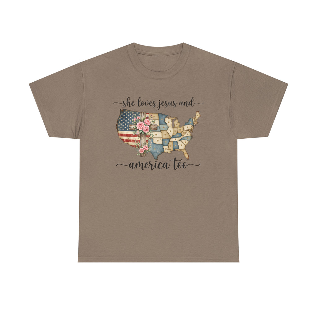 Patriotic Floral USA Tee - "She Loves Jesus and America Too" Christian Flag T-Shirt