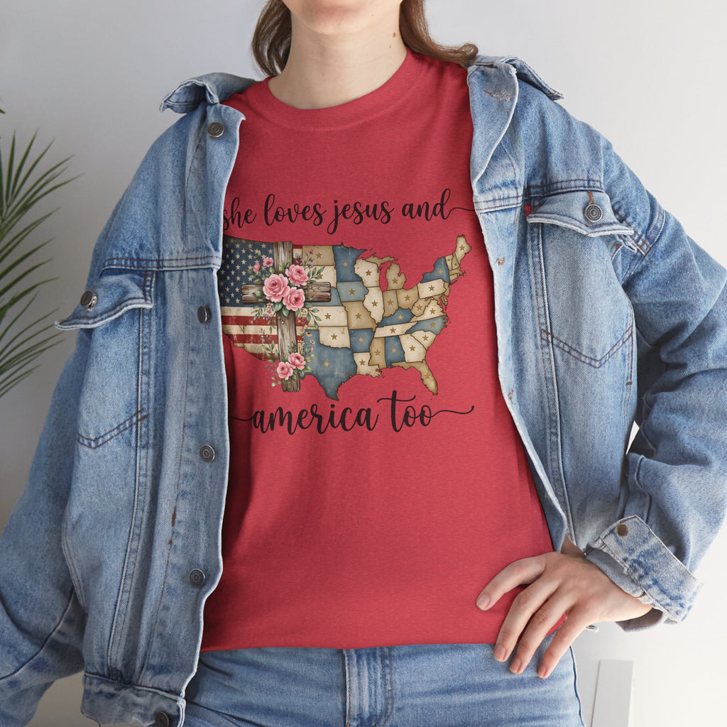 Patriotic Floral USA Tee - "She Loves Jesus and America Too" Christian Flag T-Shirt