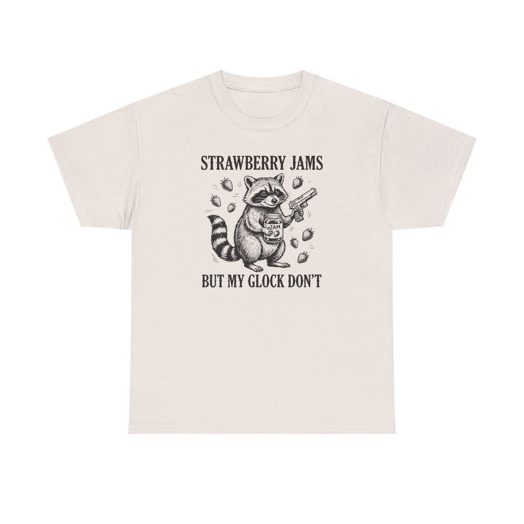 Strawberry Jams But My Glock Don’t T-Shirt — Funny Raccoon Gun Graphic Tee