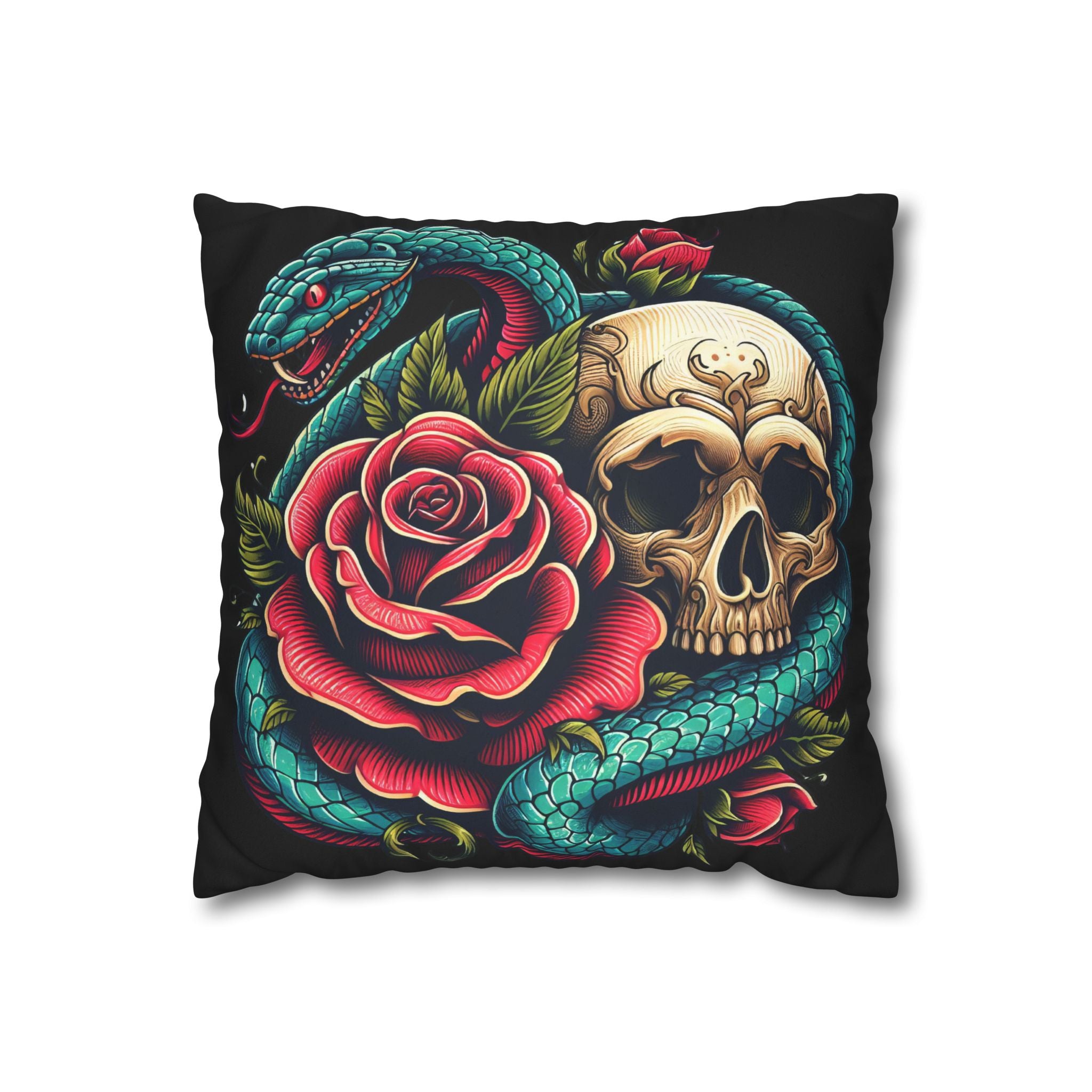Gothic Skull, Rose & Snake Faux Suede Throw Pillow