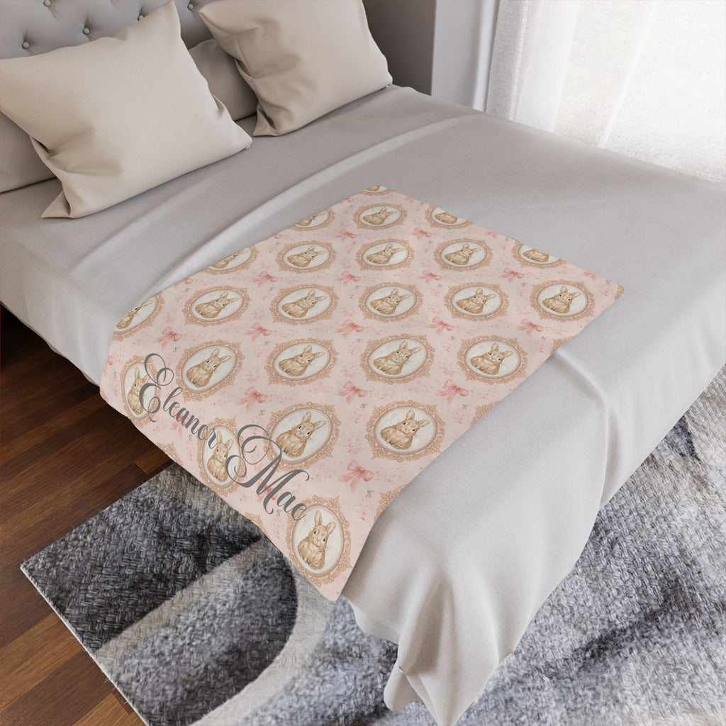 Personalized Pink Bunny Minky Blanket — Vintage Floral Nursery Throw with Name